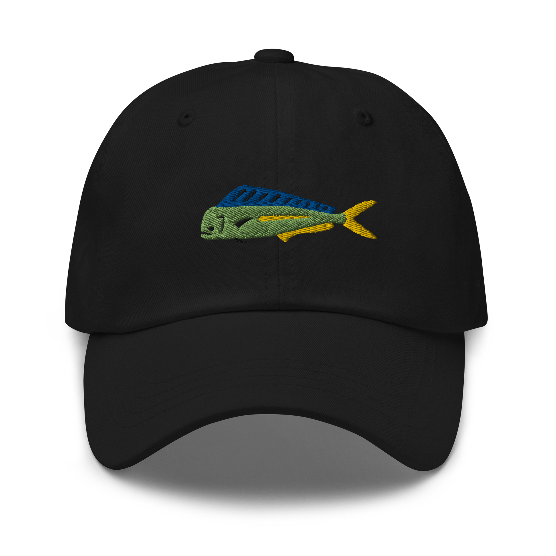 Black colored Mahi Mahi fishing hat. Simple embroidered fishing hat/ dad hat with a mahi mahi on the front and lost lure on the back and left side. Front side