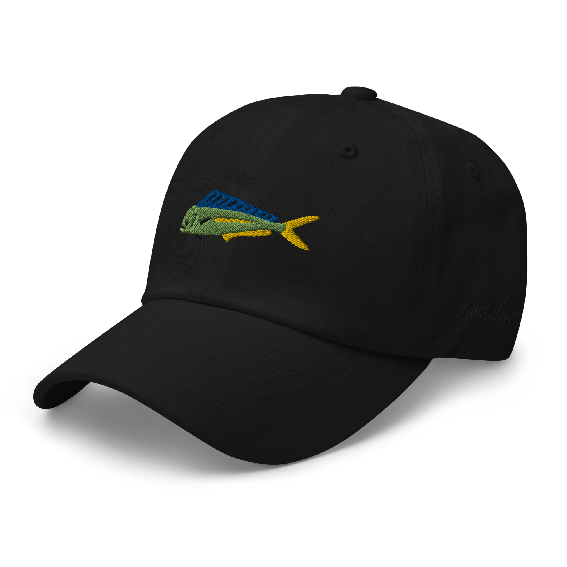 Black colored Mahi Mahi fishing hat. Simple embroidered fishing hat/ dad hat with a mahi mahi on the front and lost lure on the back and left side. Left front side 