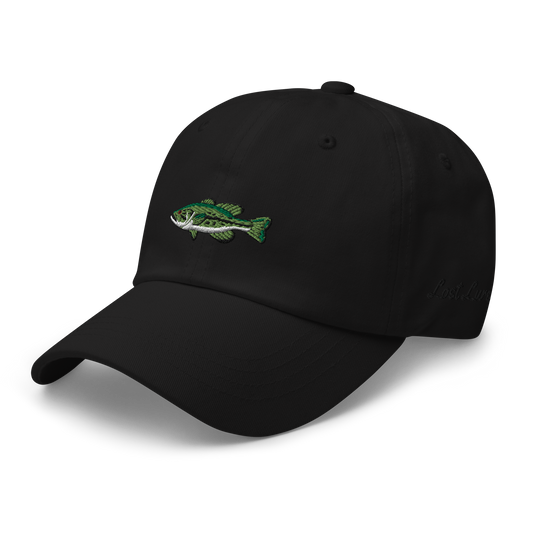 Black Fishing Hat/ dad hat with embroidered largemouth bass on the front.