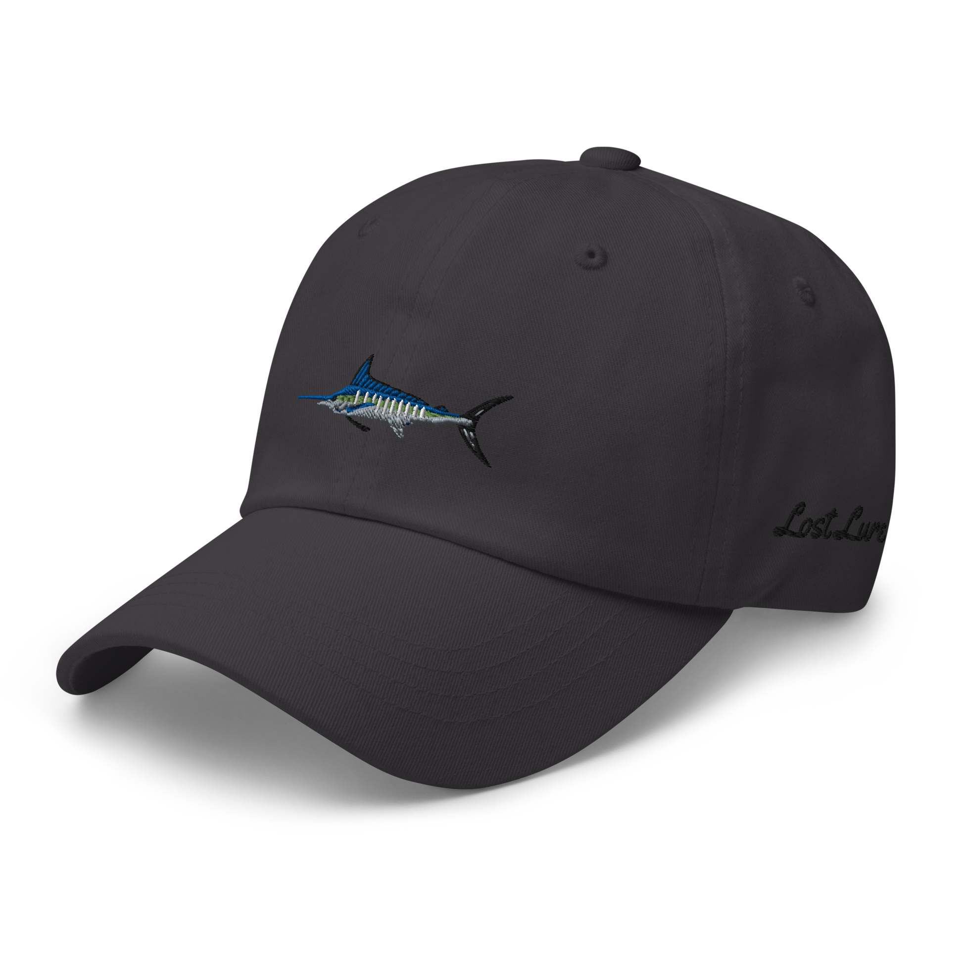 Gray colored Marlin fishing fishing hat. Simple fishing hat/ dad hat with embroidered striped Marlin on the front and lost lure embroidered on the left side and back. Front left side 