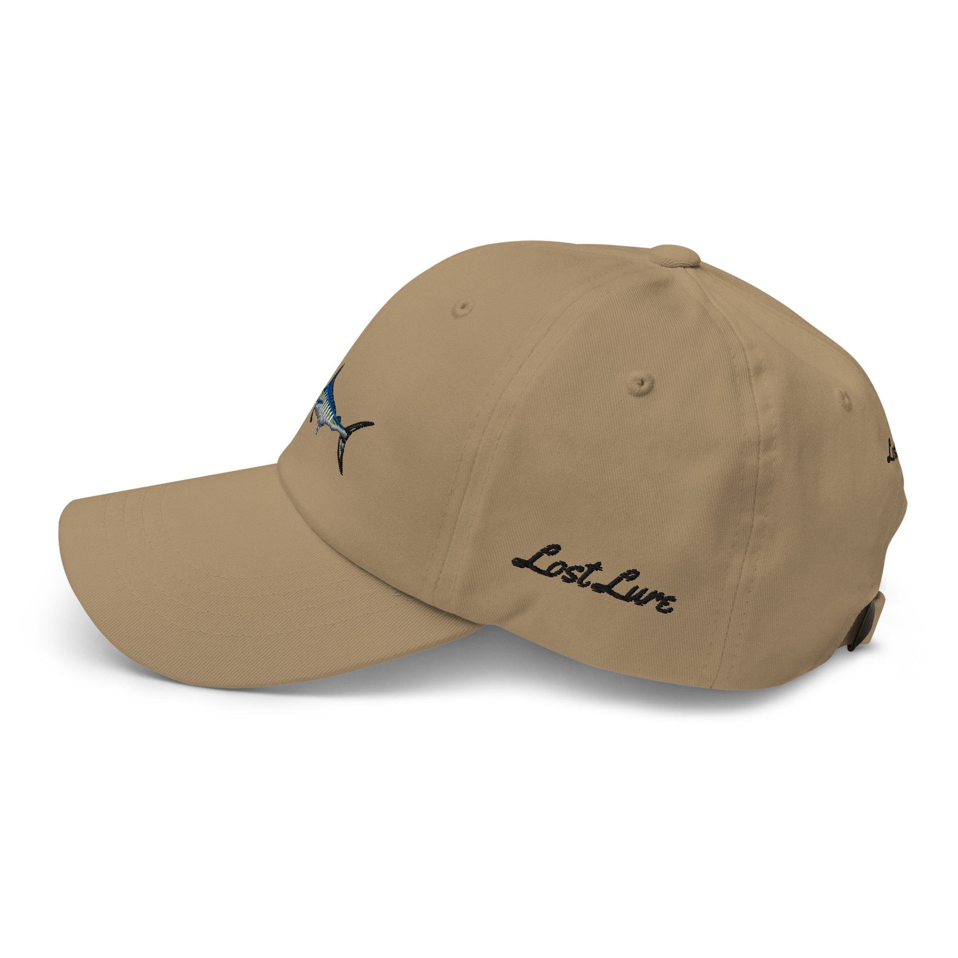 Brown colored Marlin fishing fishing hat. Simple fishing hat/ dad hat with embroidered striped Marlin on the front and lost lure embroidered on the left side and back. Left side view 