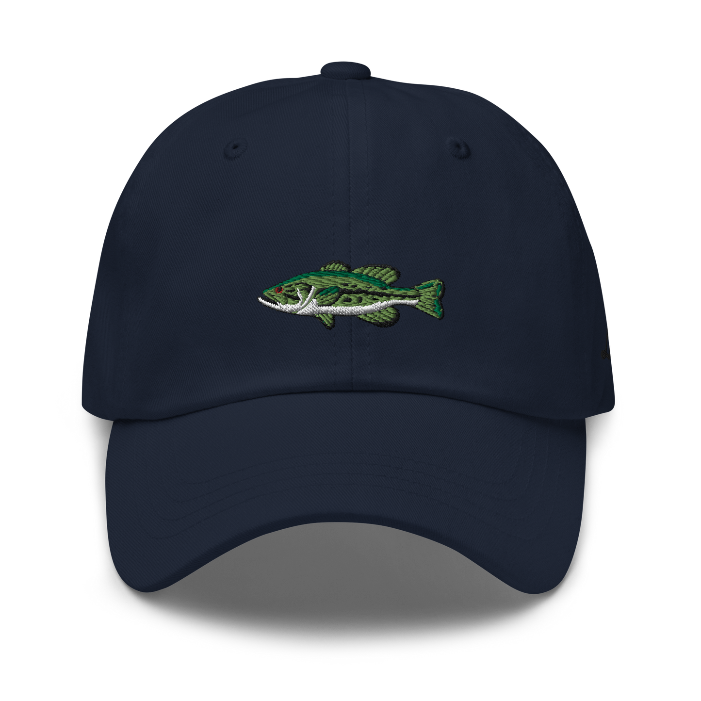 Dark blue Bass Fishing Hat/ dad hat with embroidered largemouth bass on the front.