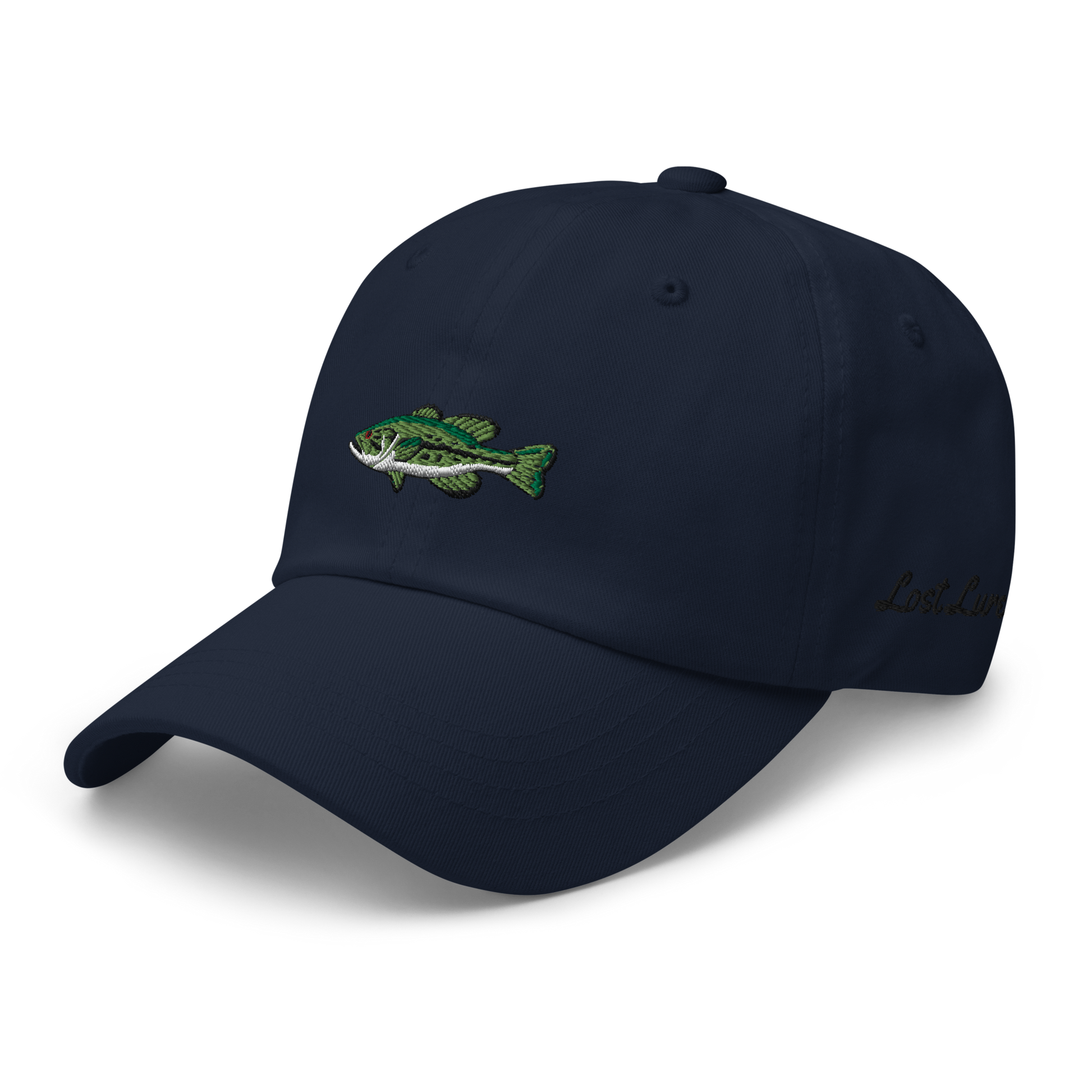 Dark blue Bass Fishing Hat/ dad hat with embroidered largemouth bass on the front.