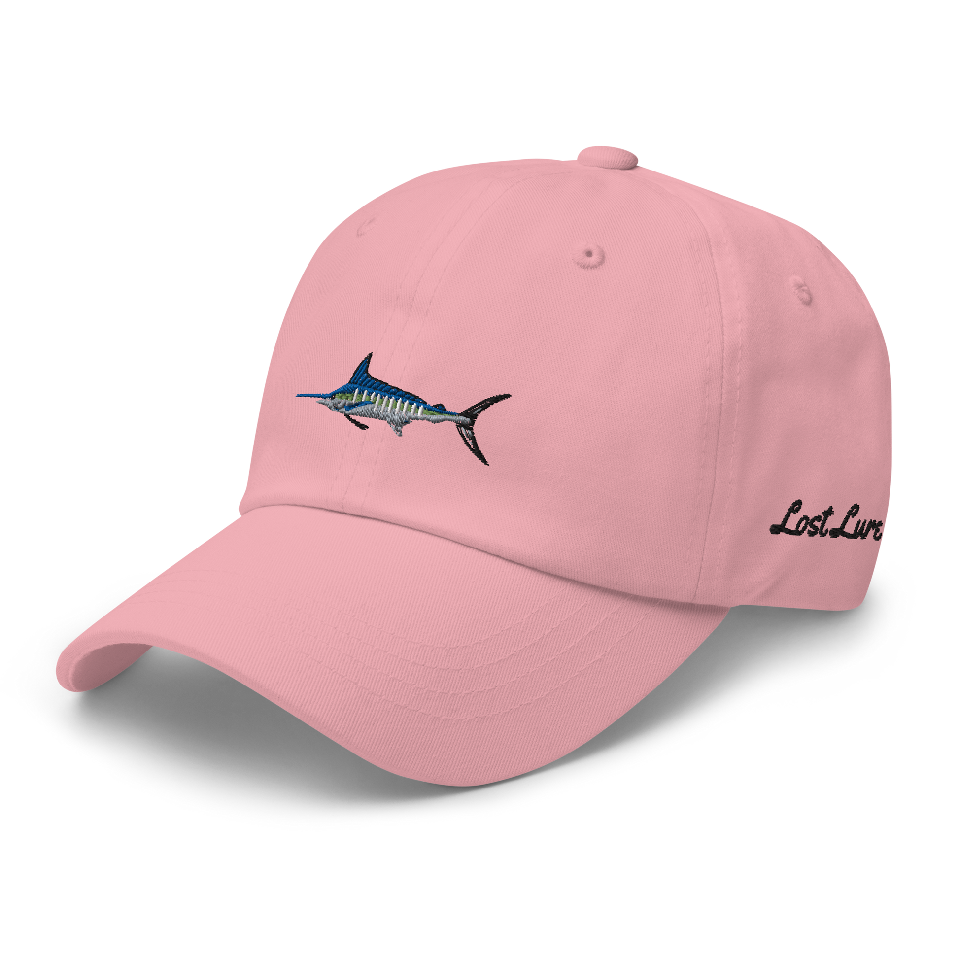 Pink colored Marlin fishing fishing hat. Simple fishing hat/ dad hat with embroidered striped Marlin on the front and lost lure embroidered on the left side and back