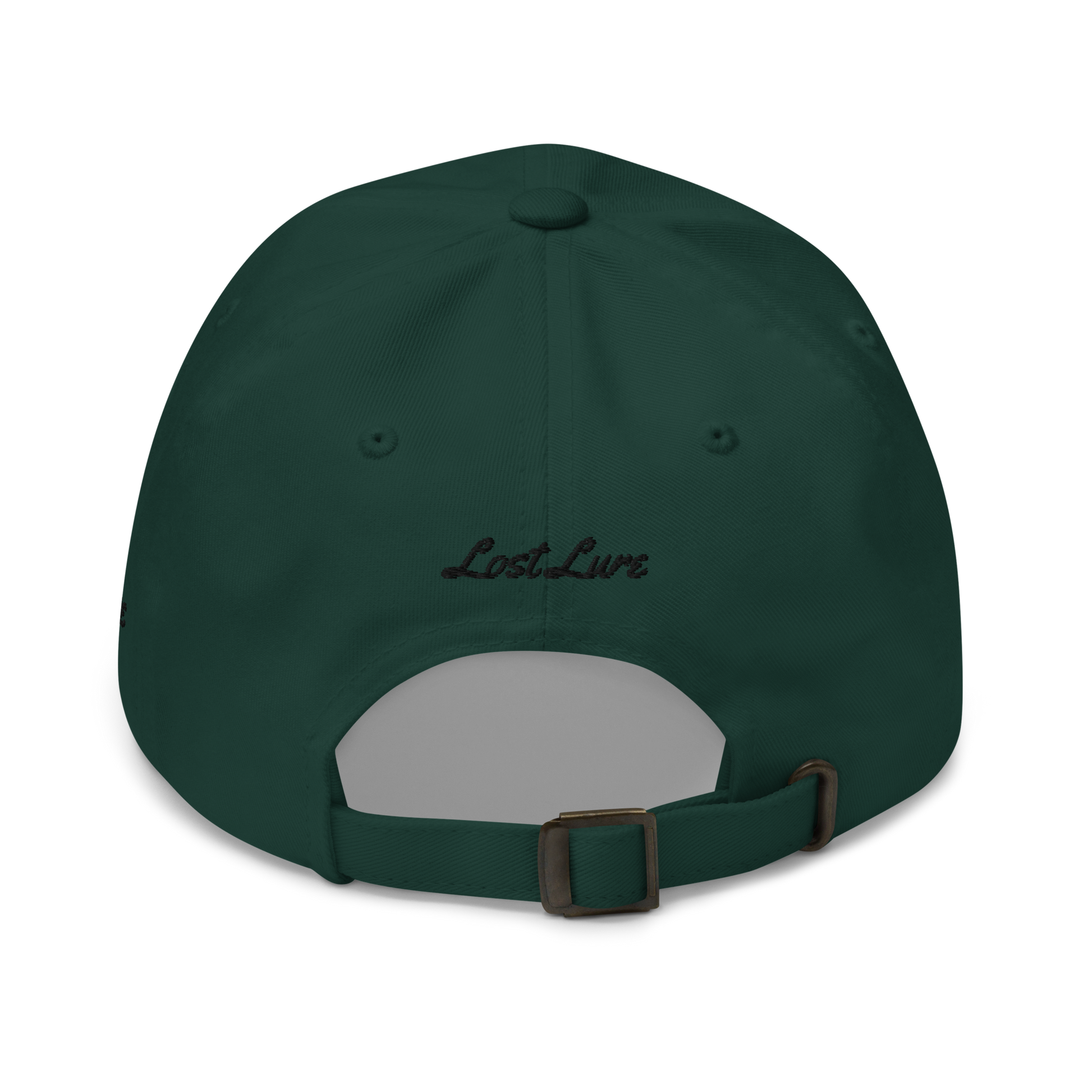Dark green colored Marlin fishing fishing hat. Simple fishing hat/ dad hat with embroidered striped Marlin on the front and lost lure embroidered on the left side and back. Back side