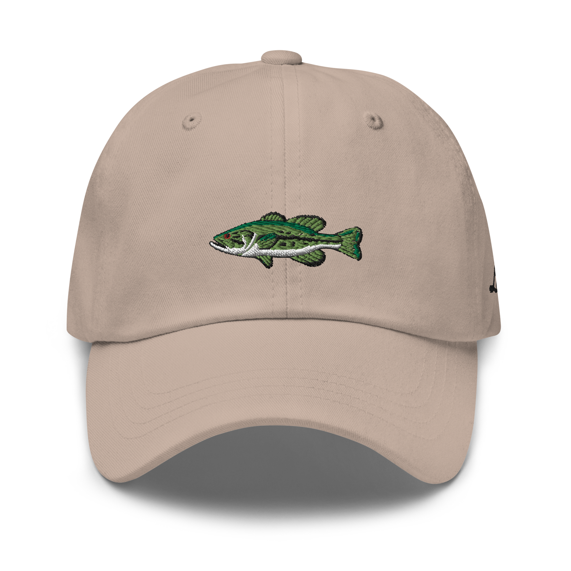 Tan Bass Fishing Hat/ dad hat with embroidered largemouth bass on the front.