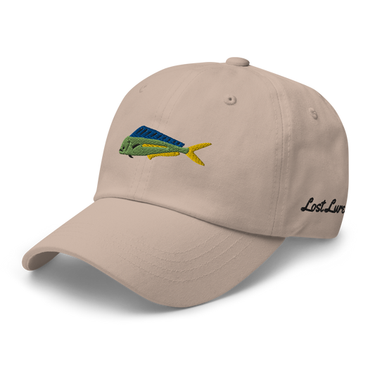 Tan colored Mahi Mahi fishing hat. Simple embroidered fishing hat/ dad hat with a mahi mahi on the front and lost lure on the back and left side. Front left side view 