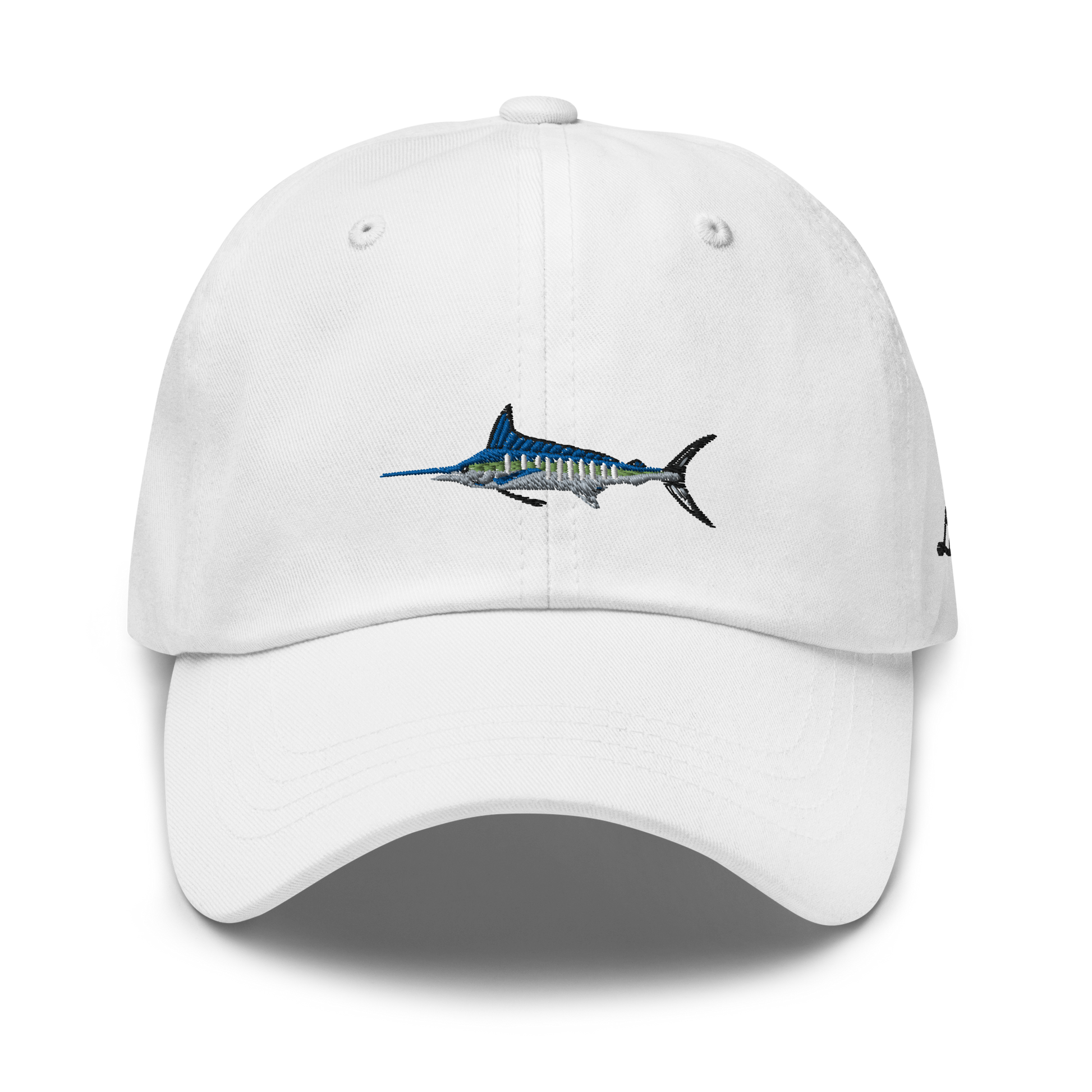 White colored Marlin fishing fishing hat. Simple fishing hat/ dad hat with embroidered striped Marlin on the front and lost lure embroidered on the left side and back. Front side