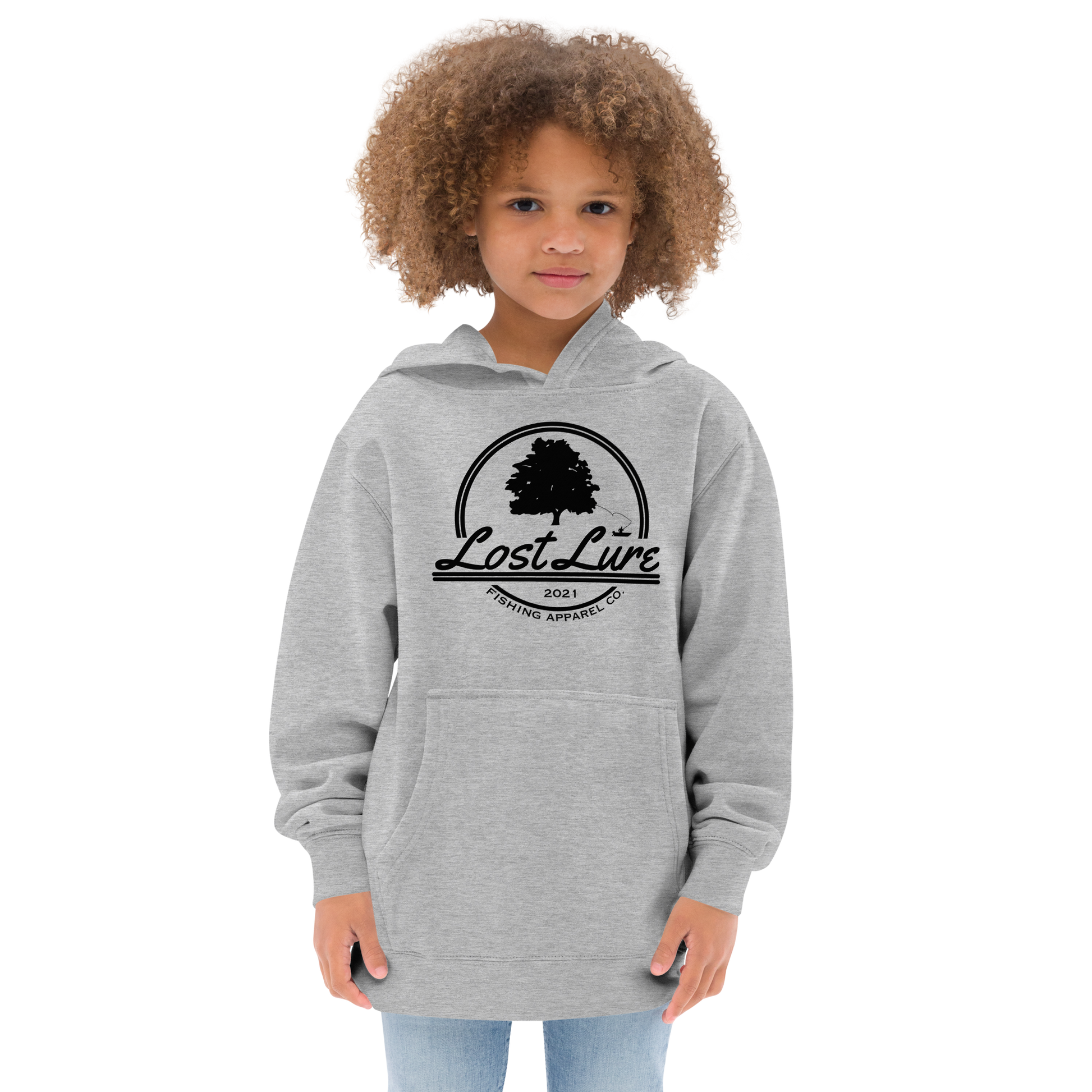 Girl wearing grey Kids size fishing hoodie with lost lure logo.