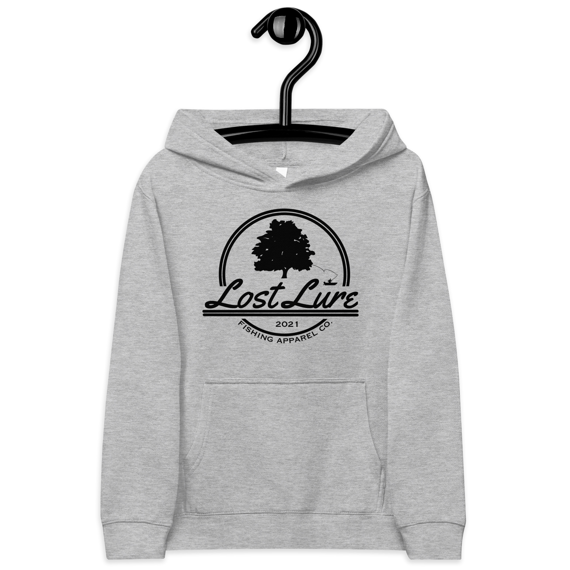 Grey Kids size fishing hoodie with lost lure logo.
