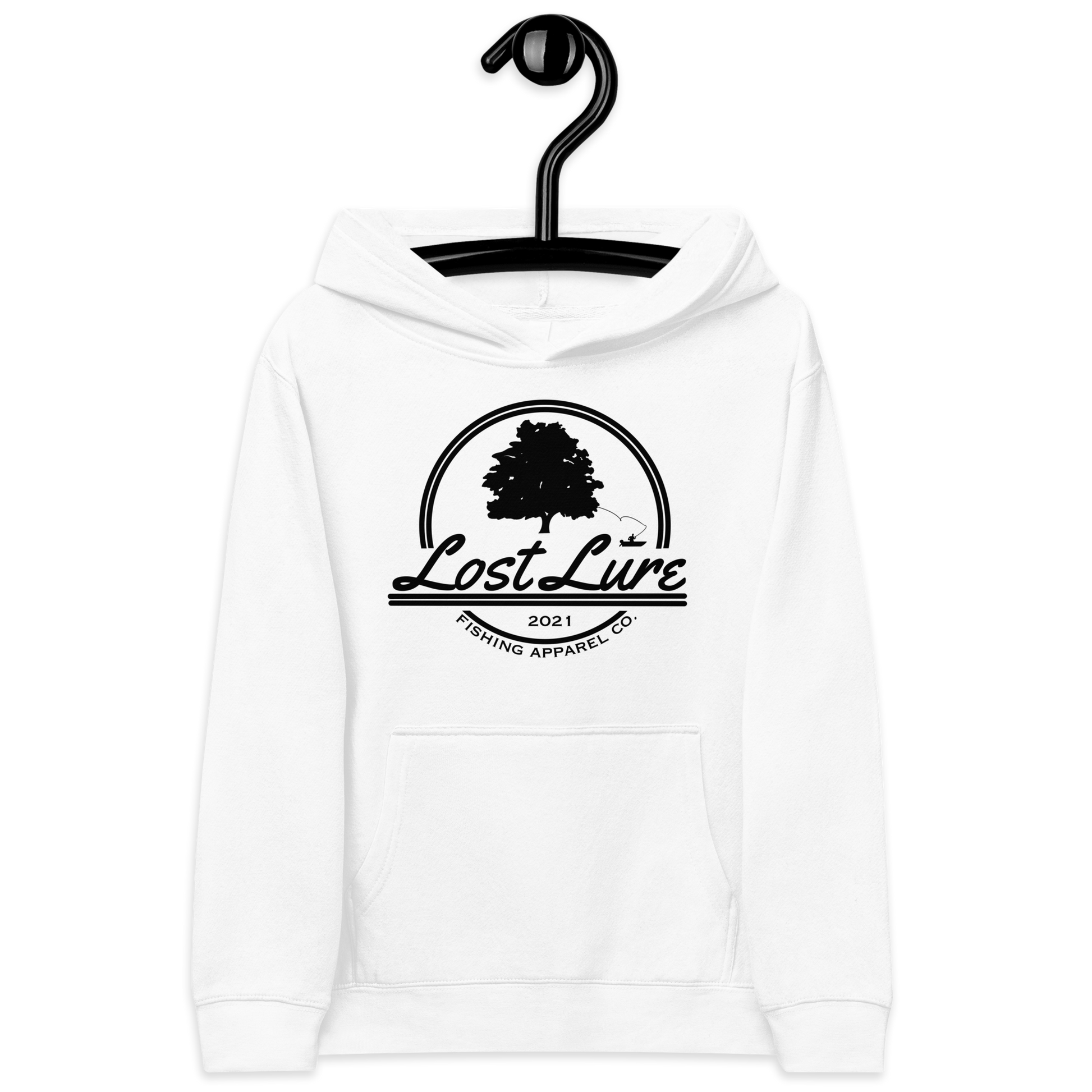 white Kids size fishing hoodie with lost lure logo.