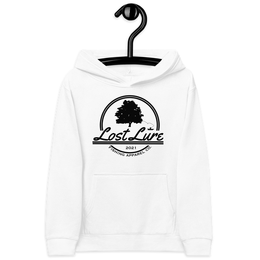 white Kids size fishing hoodie with lost lure logo.