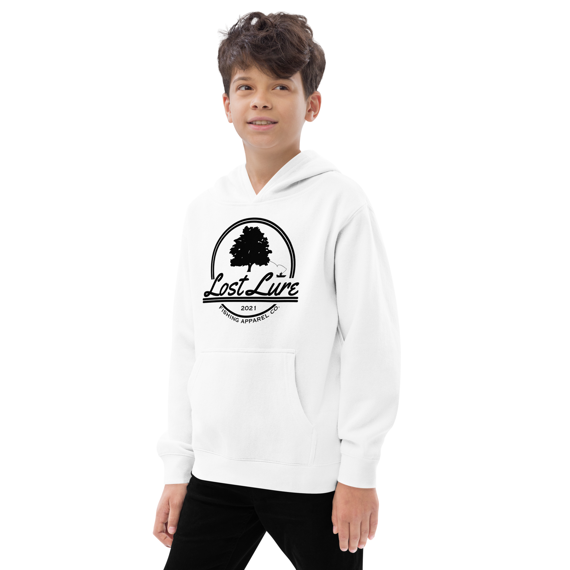 Boy wearing white Kids size fishing hoodie with lost lure logo.