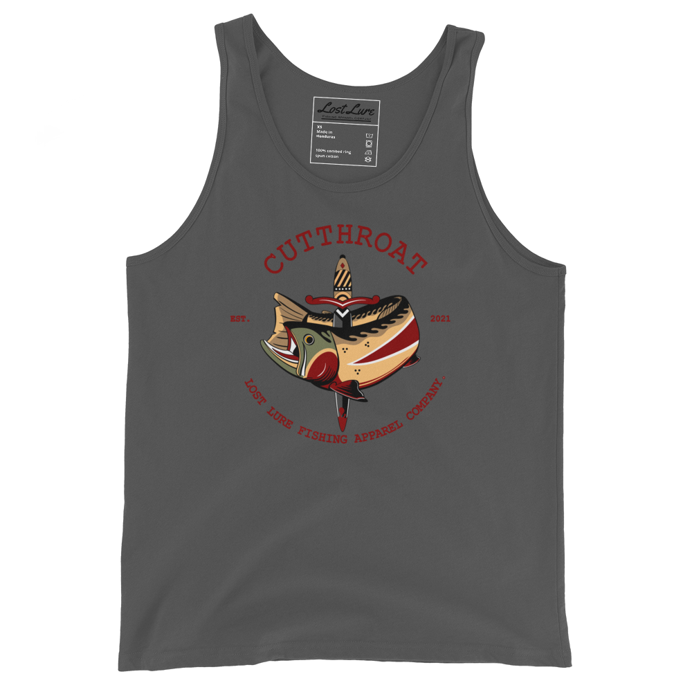 Cutthroat trout fishing tank. A tank top with an American traditional style cutthroat trout and dagger. Gray tank top