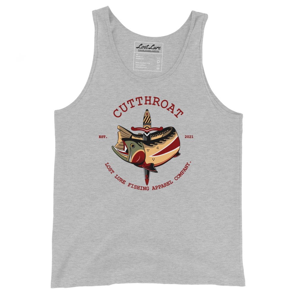 Cutthroat trout fishing tank. A tank top with an American traditional style cutthroat trout and dagger. Light gray