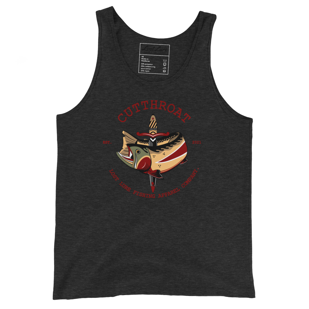 Cutthroat trout fishing tank. A tank top with an American traditional style cutthroat trout and dagger. Charcoal black