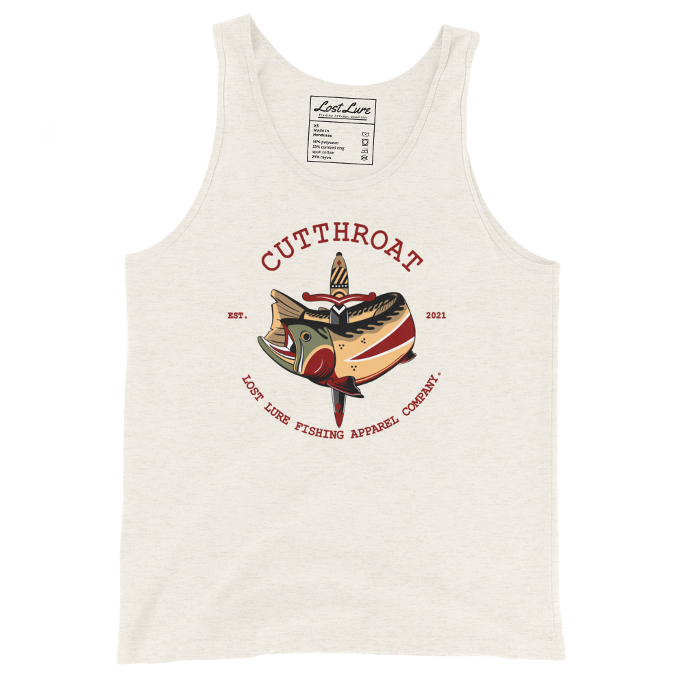 Cutthroat trout fishing tank. A tank top with an American traditional style cutthroat trout and dagger. Crème colored