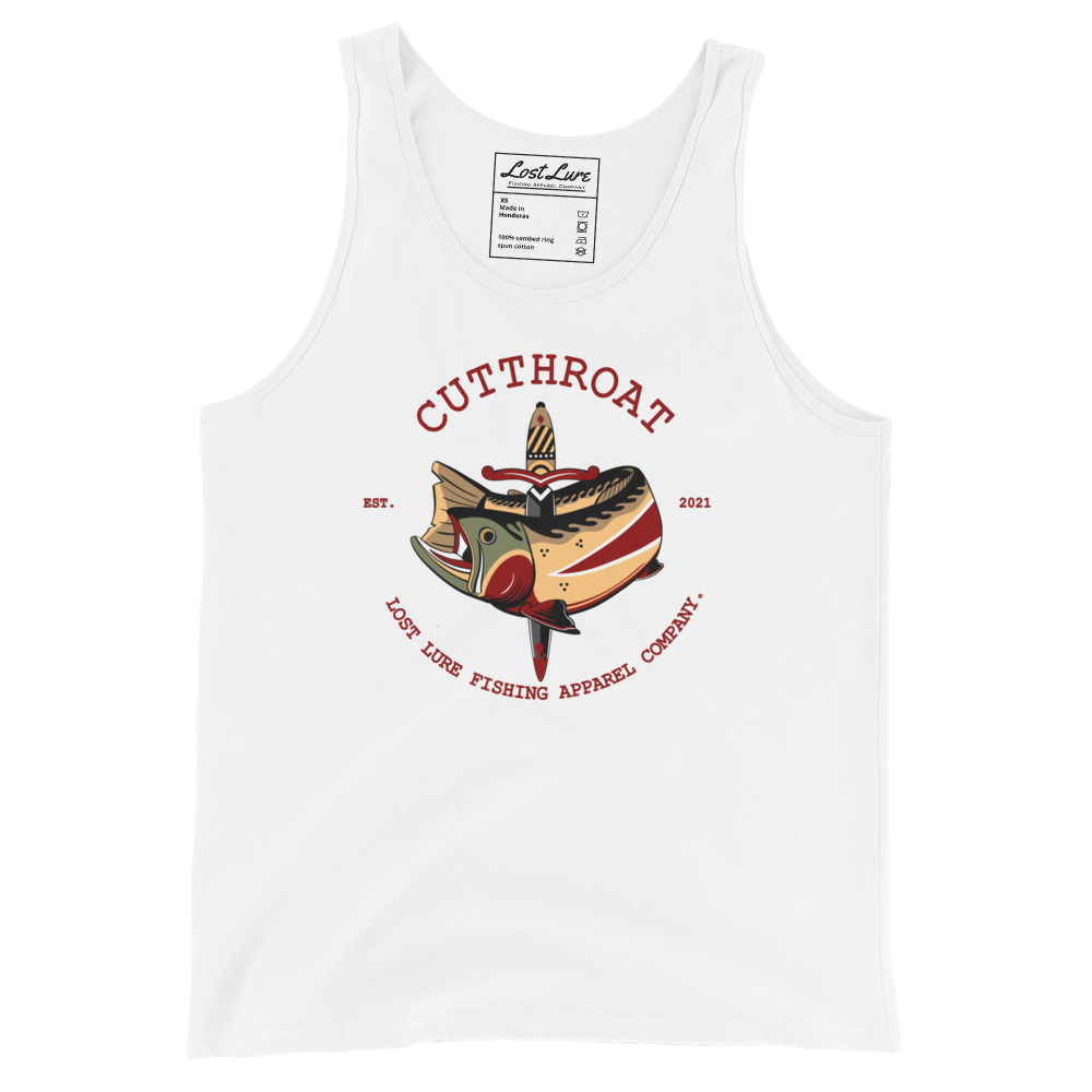 Cutthroat trout fishing tank. A tank top with an American traditional style cutthroat trout and dagger. White