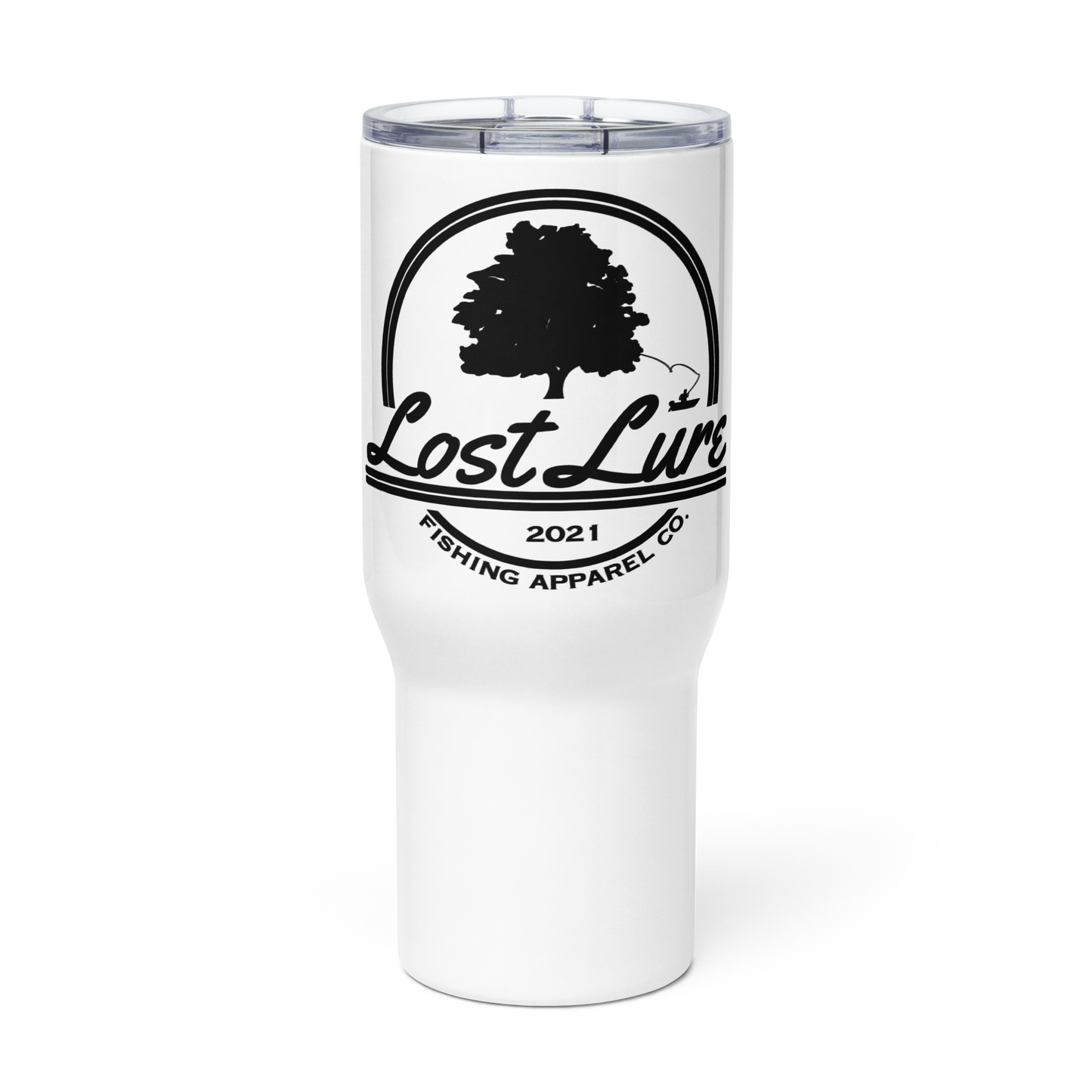 White Fishing travel mug with Lost Lure logo. Front  view