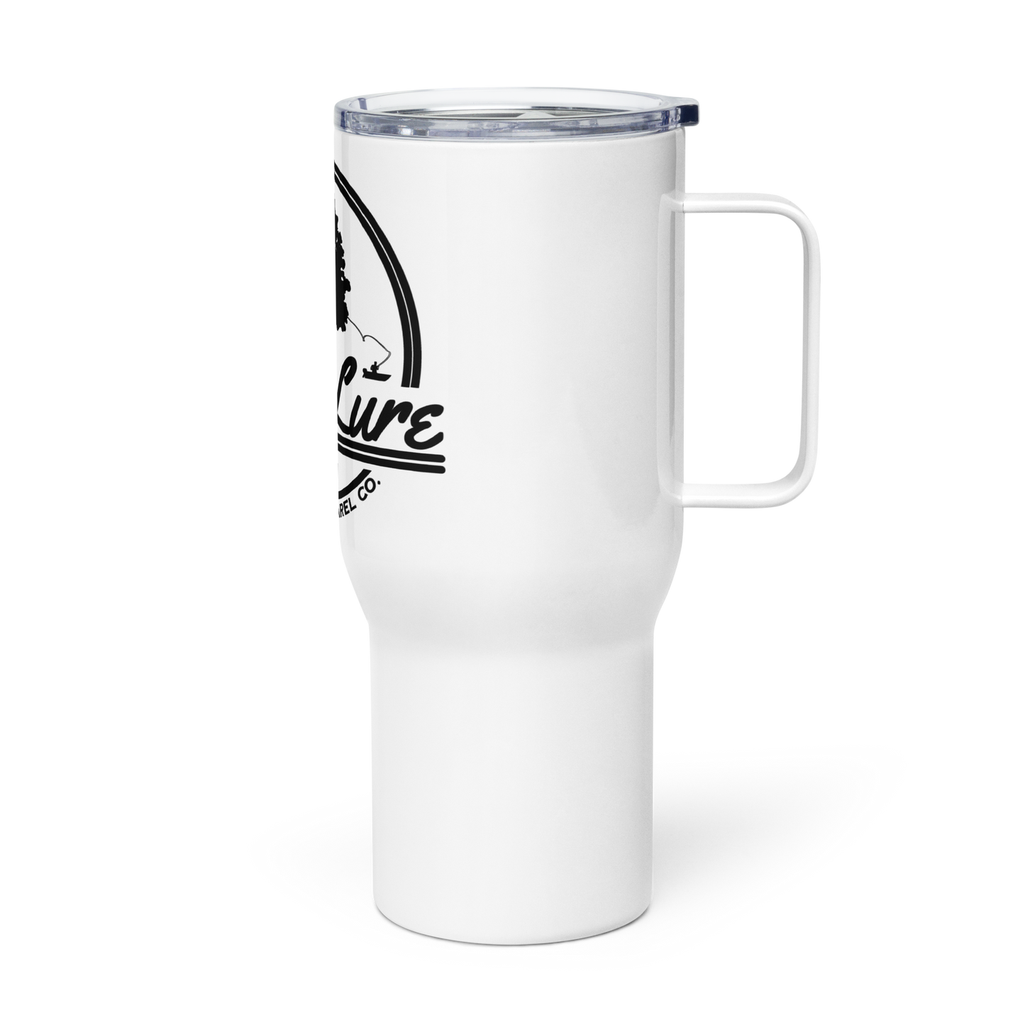 White Fishing travel mug with Lost Lure logo. Back view