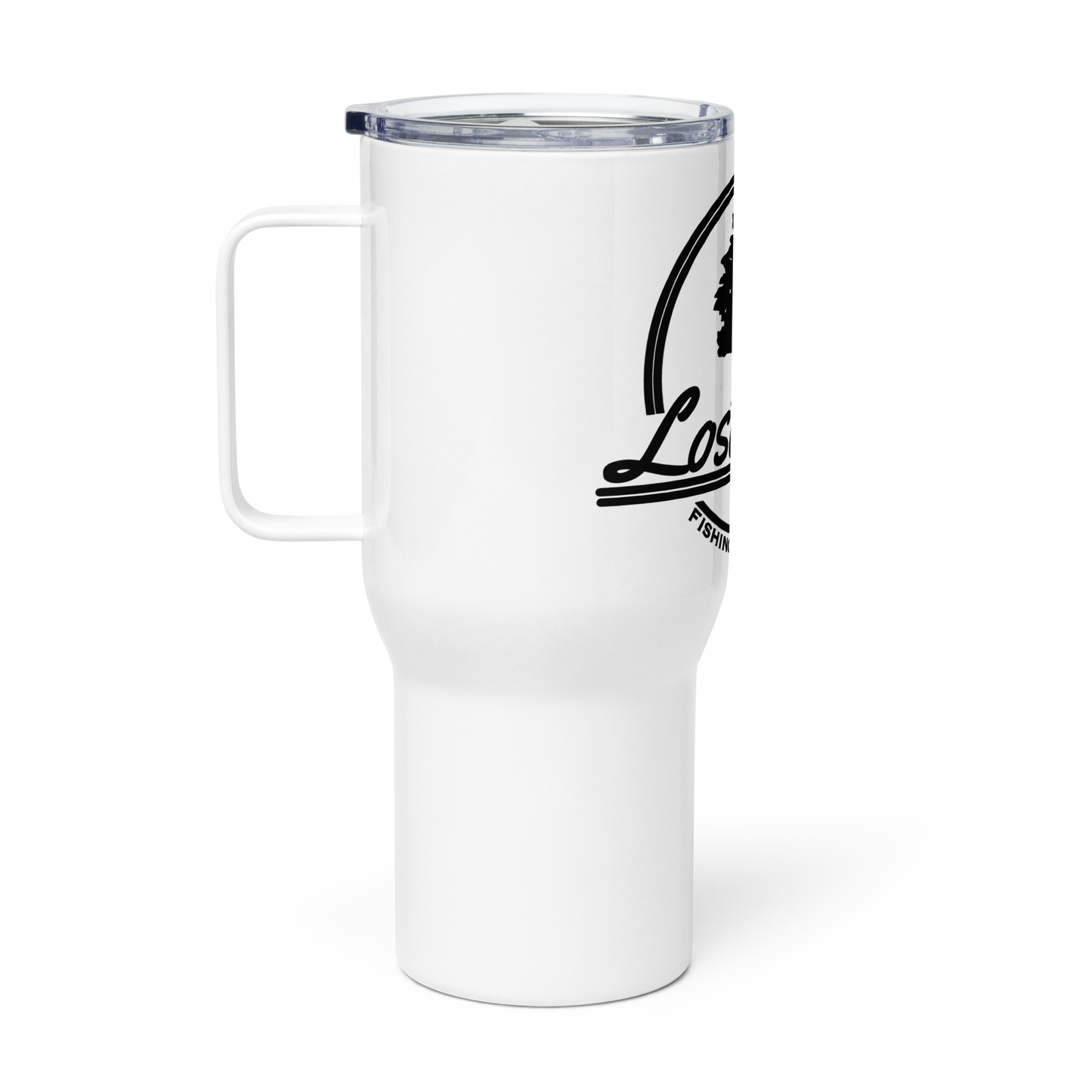 White Fishing travel mug with Lost Lure logo. Side view