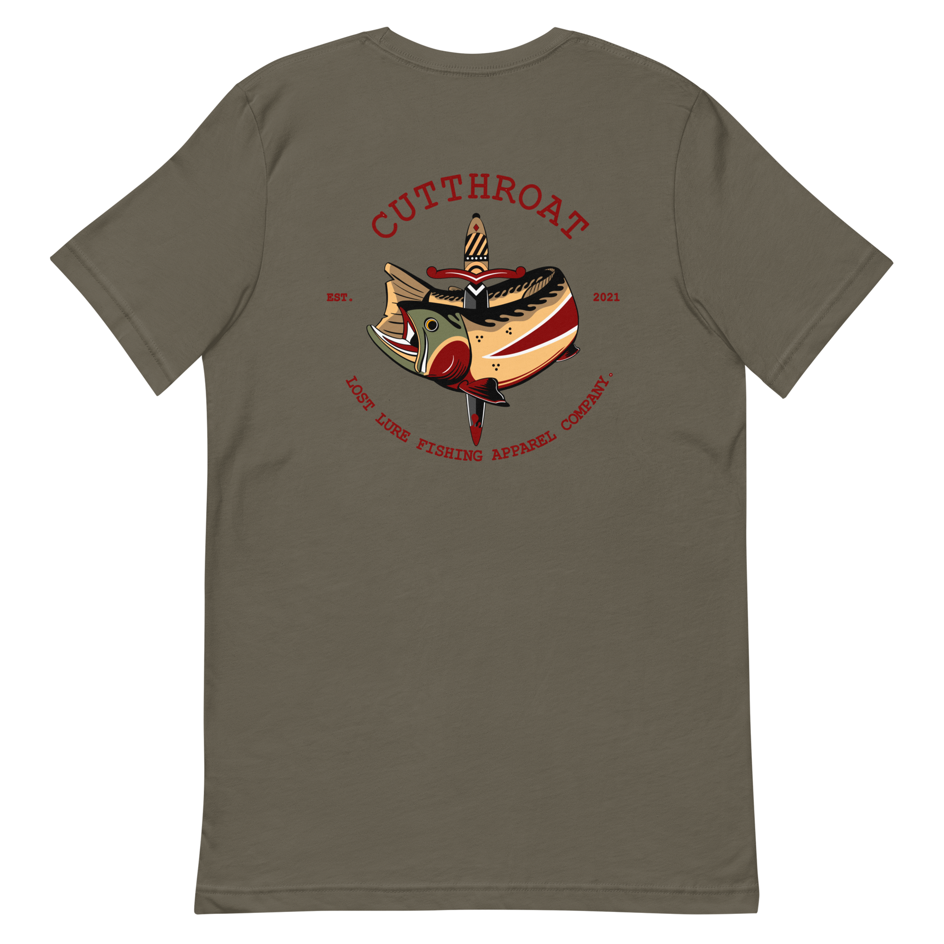 Cutthroat Trout fishing shirt. It’s an American traditional style design with a cutthroat trout and a dagger. The shirt reads Cutthroat trout, est. 2021, lost lure fishing apparel company. The front of the shirt has the lost lure logo. Army green, back side