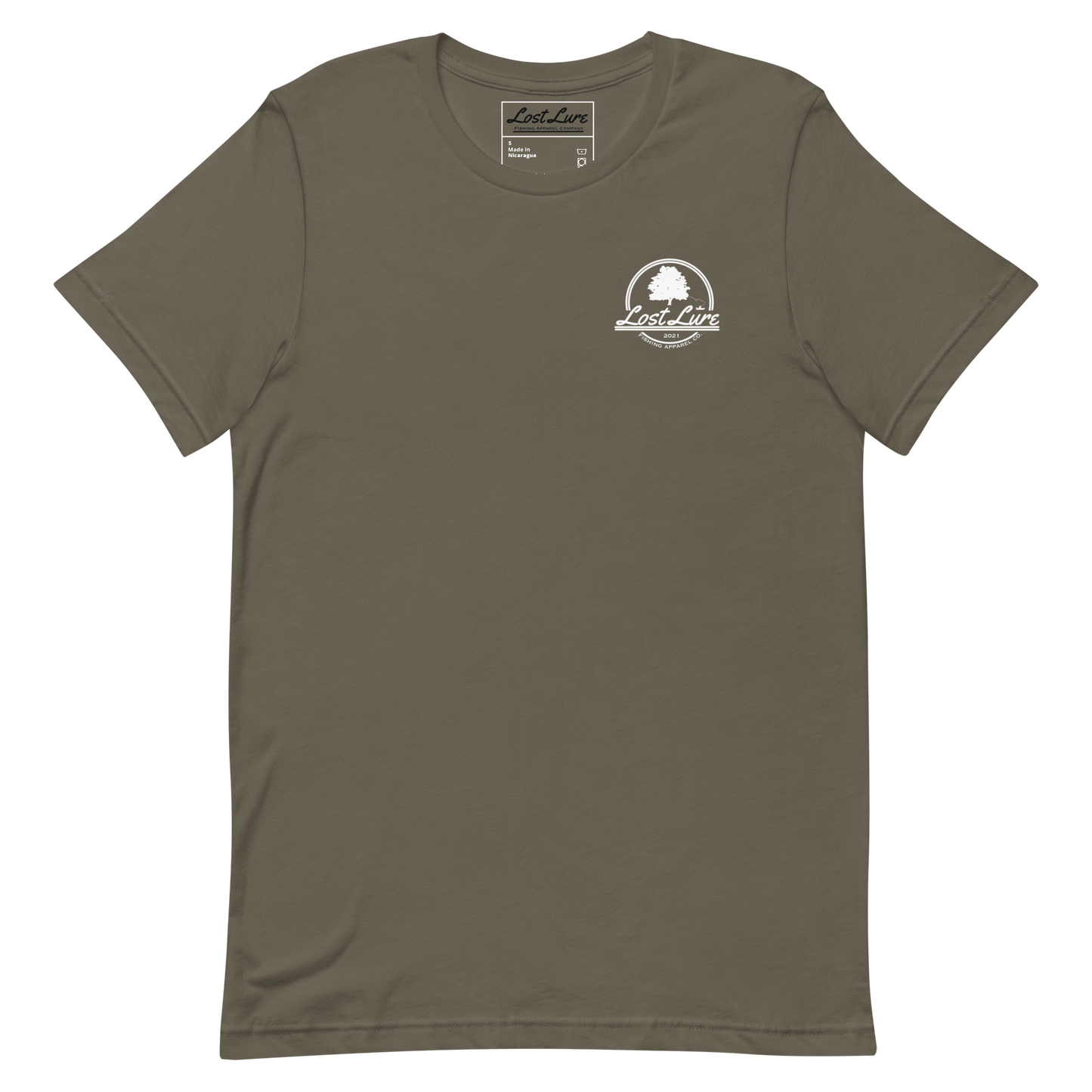 Cutthroat Trout fishing shirt. It’s an American traditional style design with a cutthroat trout and a dagger. The shirt reads Cutthroat trout, est. 2021, lost lure fishing apparel company. The front of the shirt has the lost lure logo. Army green, front side