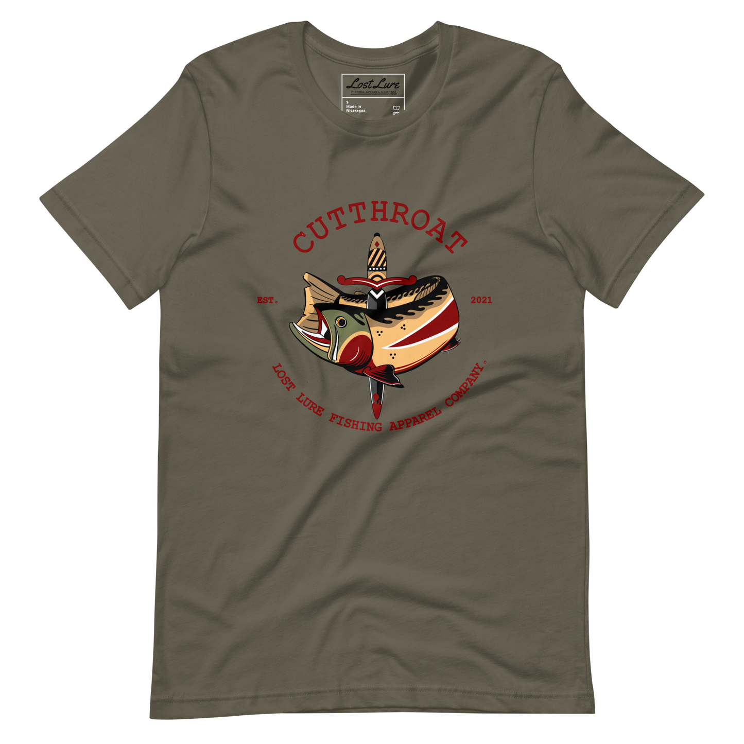 Cutthroat Trout fishing shirt. It’s an American traditional style design with a cutthroat trout and a dagger. The shirt reads Cutthroat trout, est. 2021, lost lure fishing apparel company. The fishing design is on the front of the shirt. Military green fishing shirt, front side