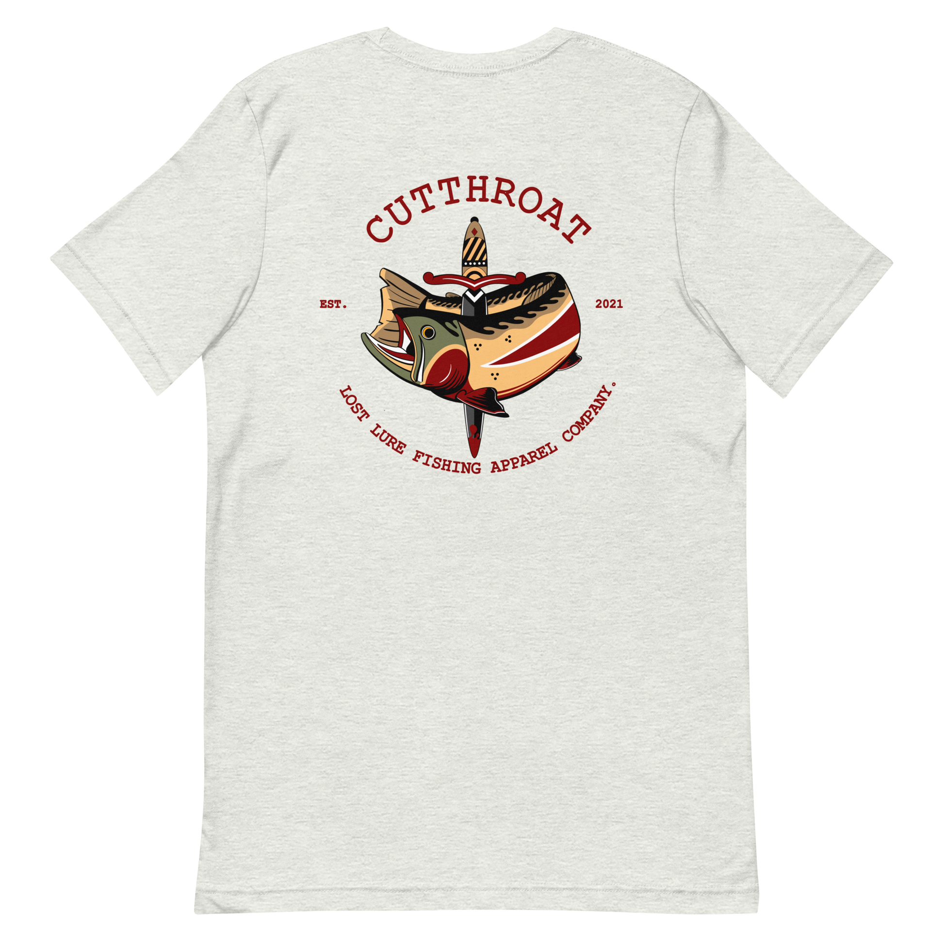 Cutthroat Trout fishing shirt. It’s an American traditional style design with a cutthroat trout and a dagger. The shirt reads Cutthroat trout, est. 2021, lost lure fishing apparel company. The front of the shirt has the lost lure logo. Crème color fishing shirt, back side