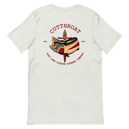 Cutthroat Trout fishing shirt. It’s an American traditional style design with a cutthroat trout and a dagger. The shirt reads Cutthroat trout, est. 2021, lost lure fishing apparel company. The front of the shirt has the lost lure logo. Crème color fishing shirt, back side