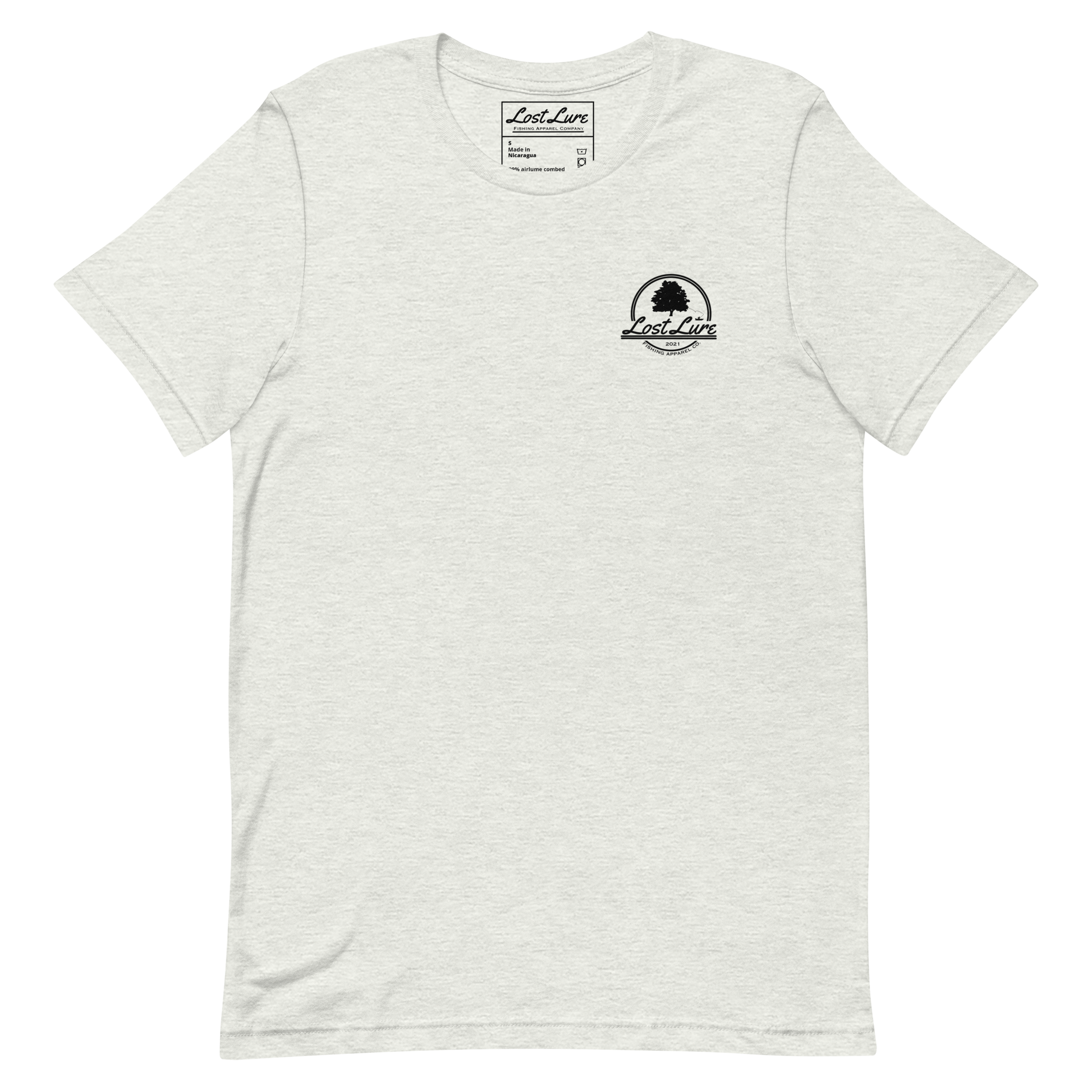 Cutthroat Trout fishing shirt. It’s an American traditional style design with a cutthroat trout and a dagger. The shirt reads Cutthroat trout, est. 2021, lost lure fishing apparel company. The front of the shirt has the lost lure logo. Ash colored  fishing shirt, front side