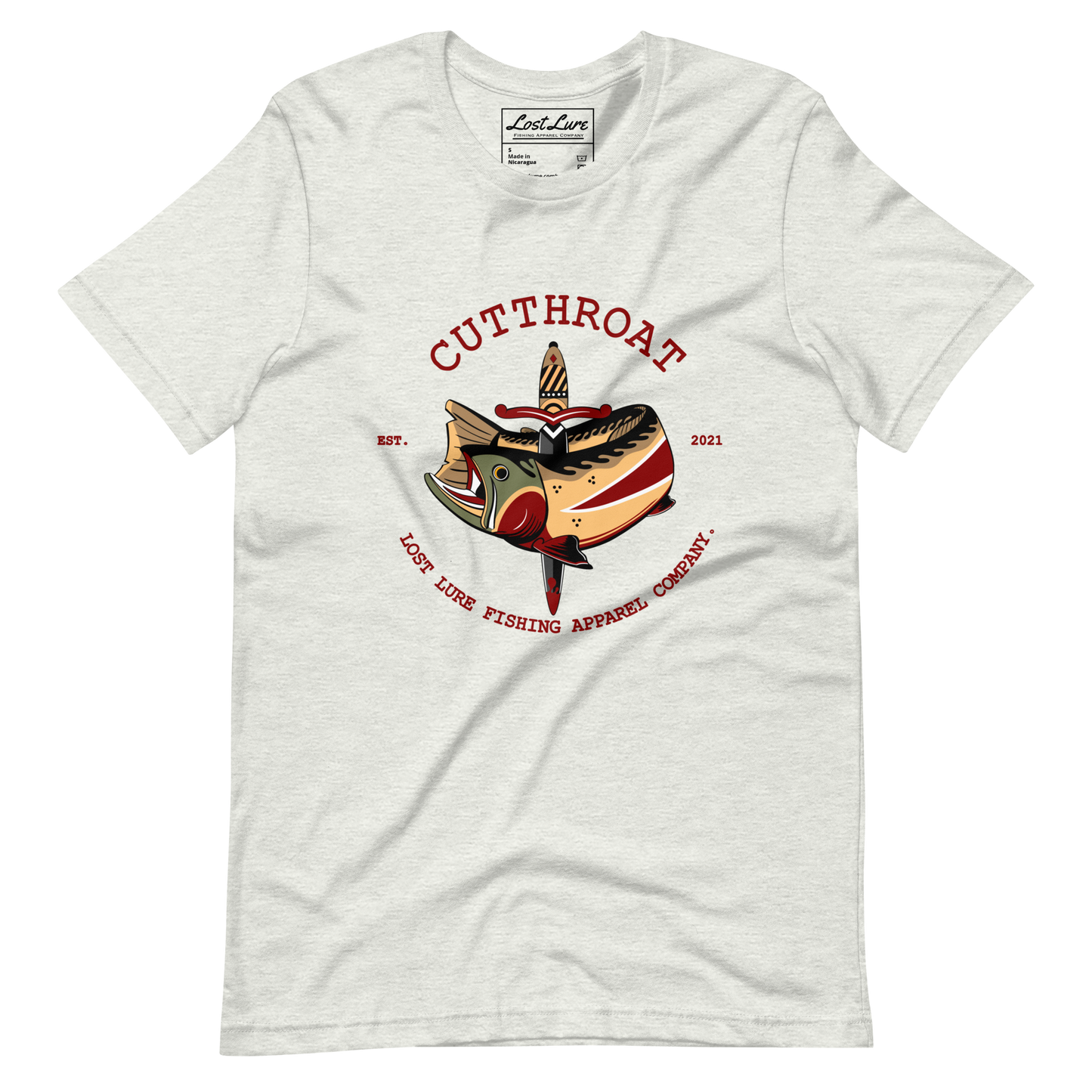 Cutthroat Trout fishing shirt. It’s an American traditional style design with a cutthroat trout and a dagger. The shirt reads Cutthroat trout, est. 2021, lost lure fishing apparel company. The fishing design is on the front of the shirt, crème color 