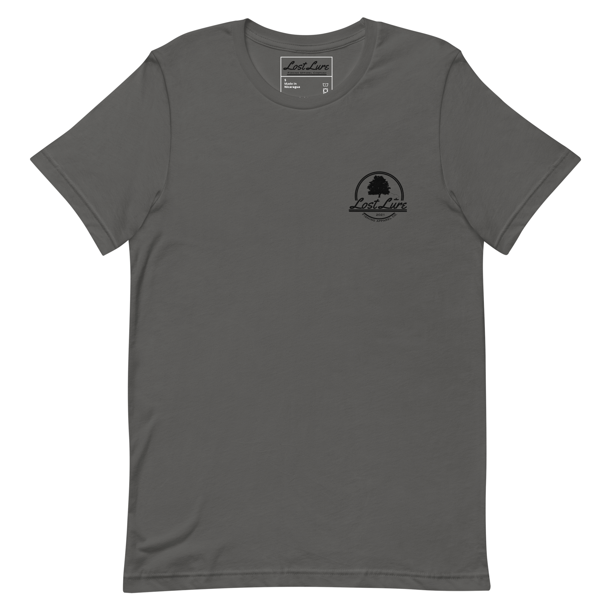 Bass fishing shirt. It has a drawing of a fat bass and it reads “lost lure co, catch fat fish”. The bass design is on the back, the lost lure logo is on the front. Gray shirt, front side