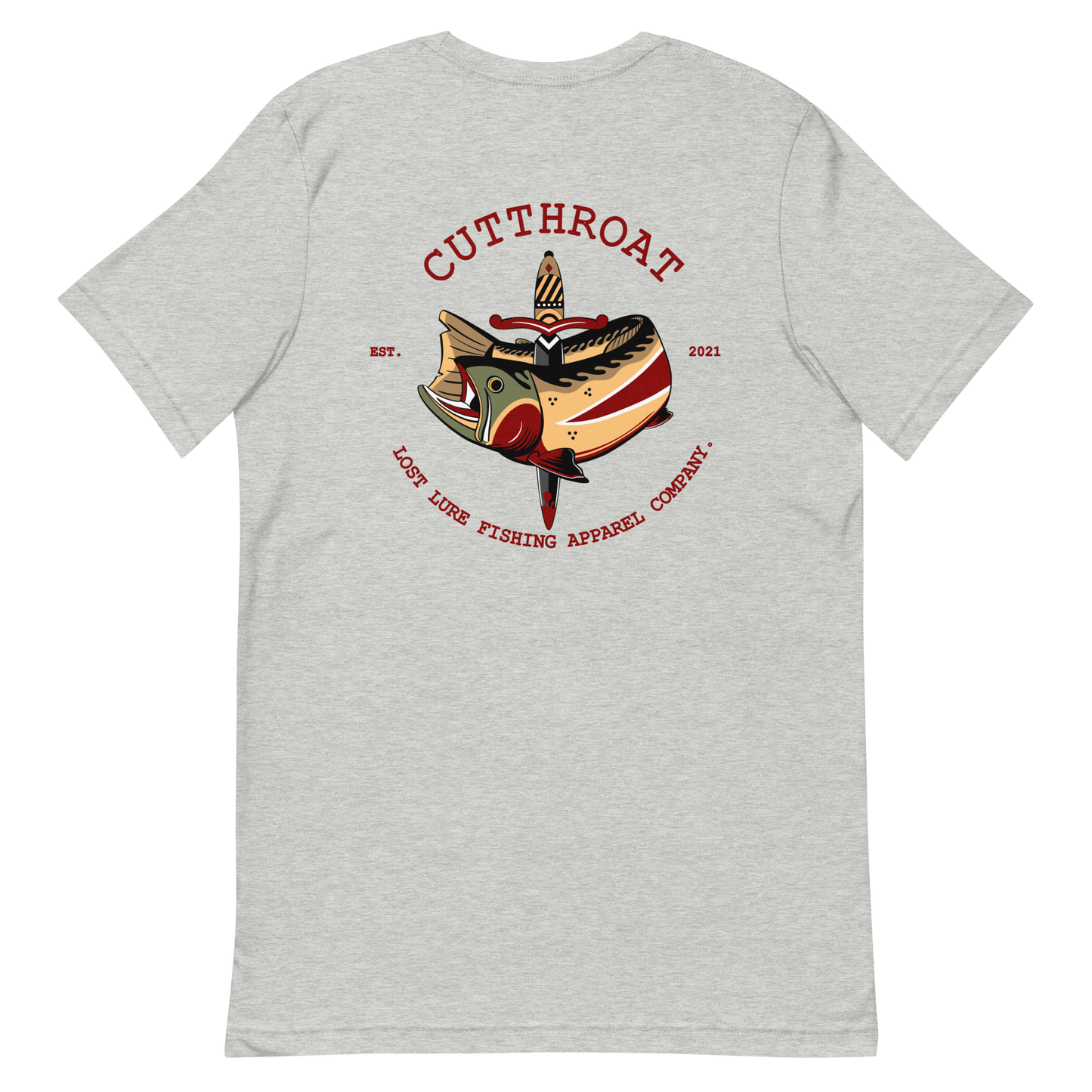 Cutthroat Trout fishing shirt. It’s an American traditional style design with a cutthroat trout and a dagger. The shirt reads Cutthroat trout, est. 2021, lost lure fishing apparel company. The front of the shirt has the lost lure logo. Grey fishing shirt, Back side
