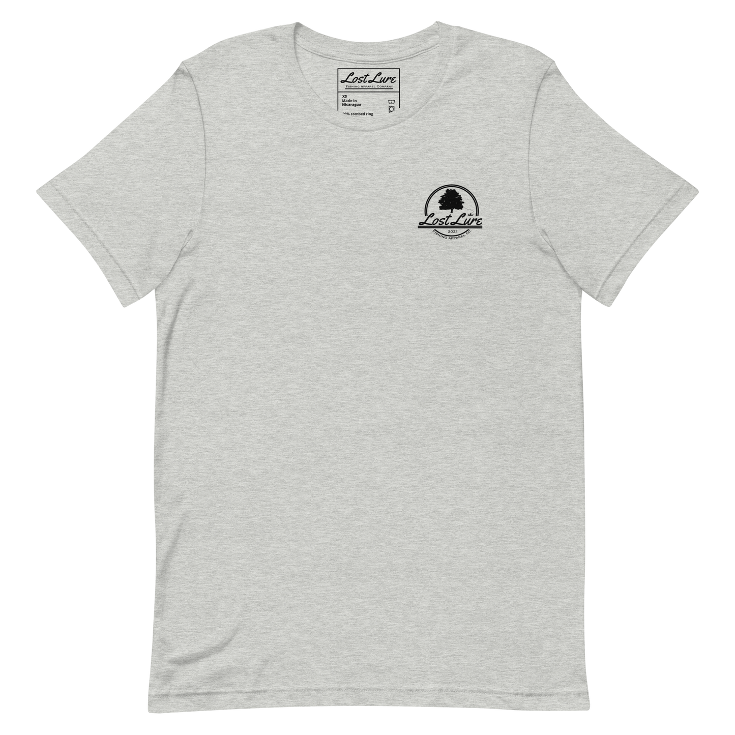 Cutthroat Trout fishing shirt. It’s an American traditional style design with a cutthroat trout and a dagger. The shirt reads Cutthroat trout, est. 2021, lost lure fishing apparel company. The front of the shirt has the lost lure logo. Grey fishing shirt, front side