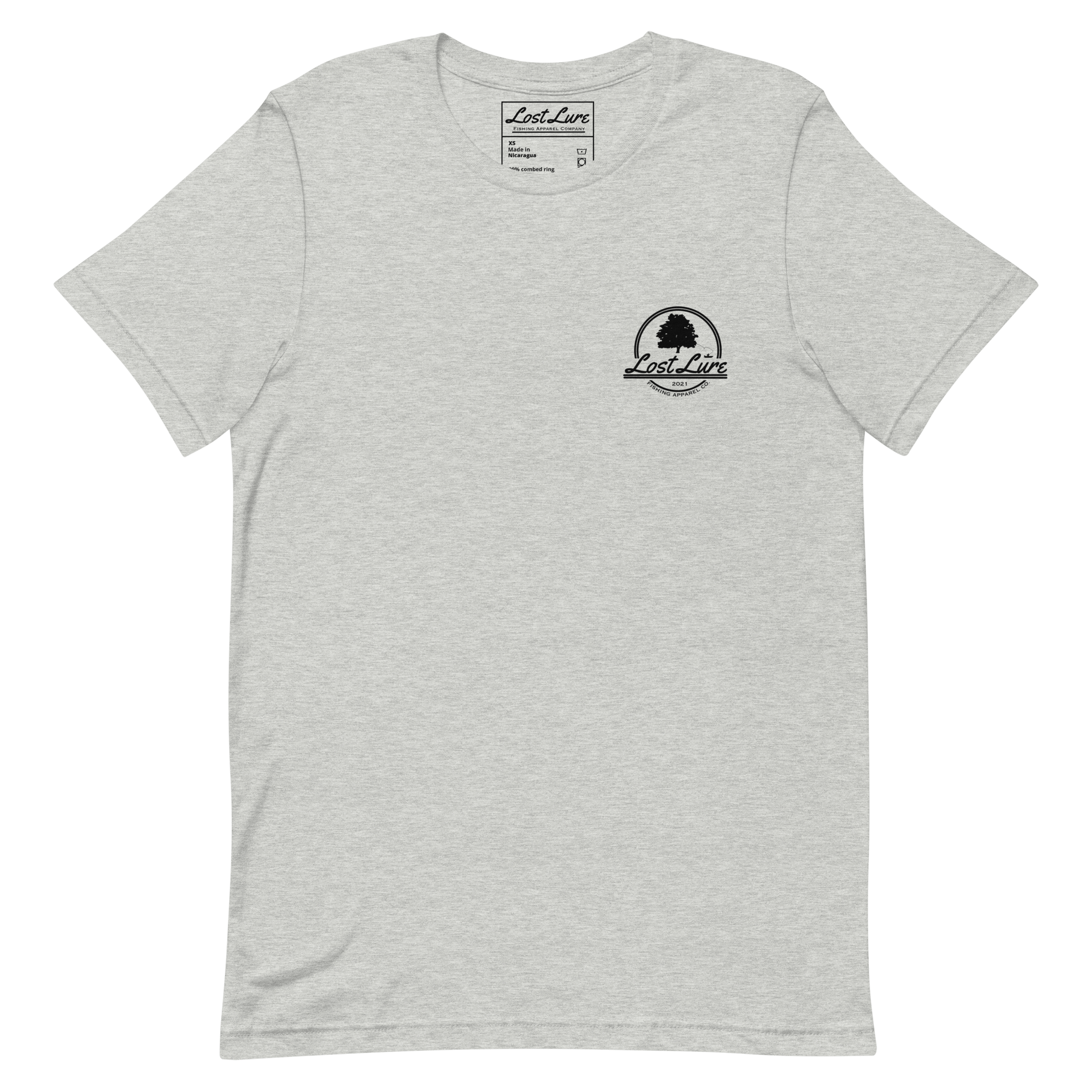 Bass fishing shirt. It has a drawing of a fat bass and it reads “lost lure co, catch fat fish”. The bass design is on the back, the lost lure logo is on the front. Light gray shirt, front side 