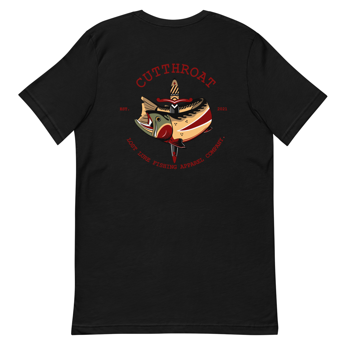 Cutthroat Trout fishing shirt. It’s an American traditional style design with a cutthroat trout and a dagger. The shirt reads Cutthroat trout, est. 2021, lost lure fishing apparel company. The front of the shirt has the lost lure logo. Dark grey fishing shirt, back side