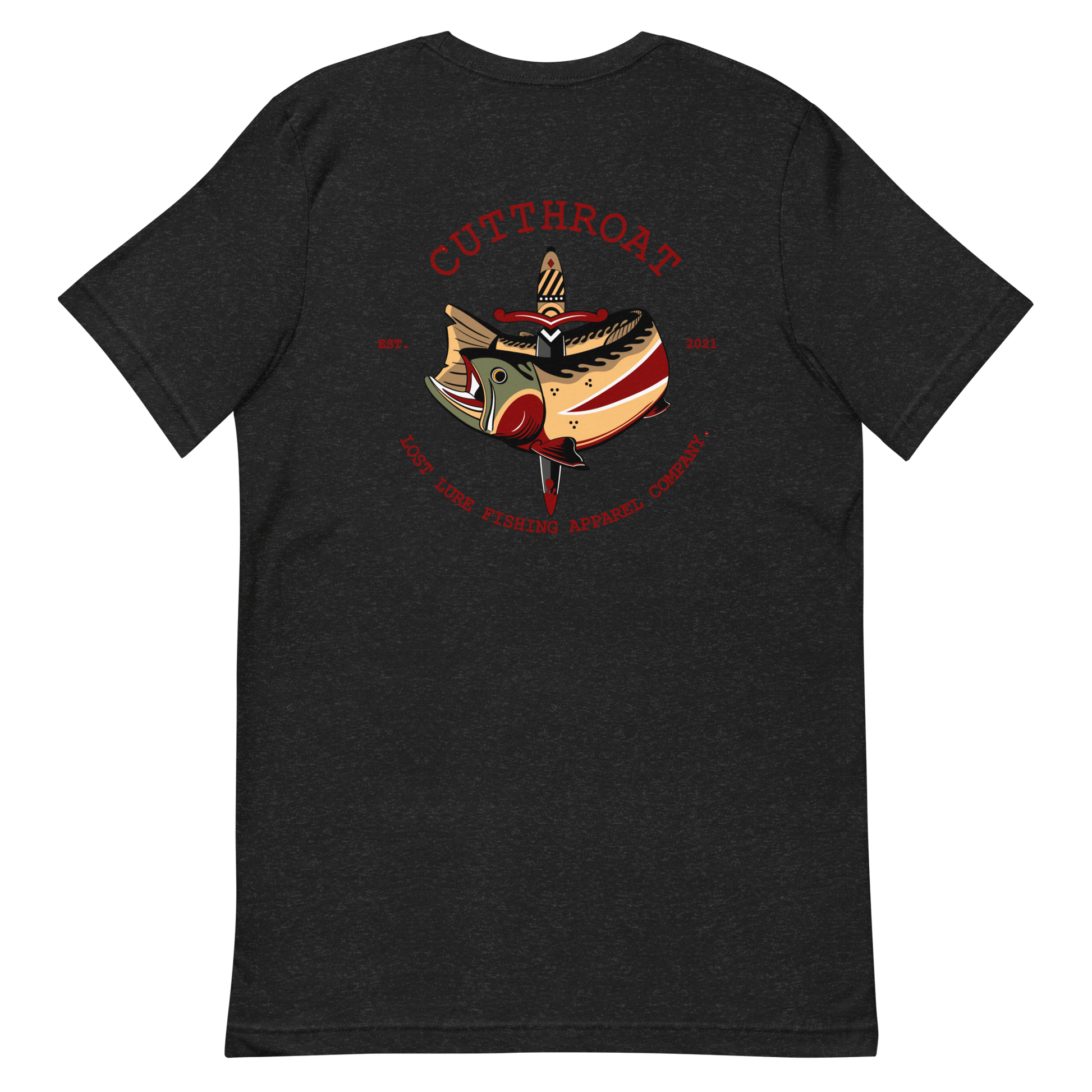 Cutthroat Trout fishing shirt. It’s an American traditional style design with a cutthroat trout and a dagger. The shirt reads Cutthroat trout, est. 2021, lost lure fishing apparel company. The front of the shirt has the lost lure logo. Dark Gray shirt, back side