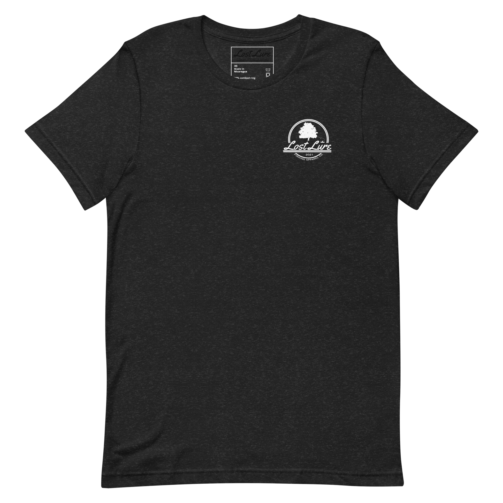 Cutthroat Trout fishing shirt. It’s an American traditional style design with a cutthroat trout and a dagger. The shirt reads Cutthroat trout, est. 2021, lost lure fishing apparel company. The front of the shirt has the lost lure logo. Dark grey shirt , front side