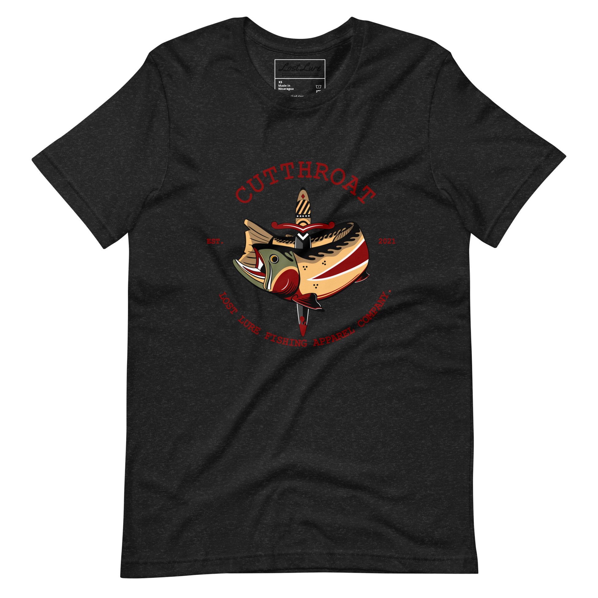 Cutthroat Trout fishing shirt. It’s an American traditional style design with a cutthroat trout and a dagger. The shirt reads Cutthroat trout, est. 2021, lost lure fishing apparel company. The fishing design is on the front of the shirt. Dark grey fishing shirt, front side