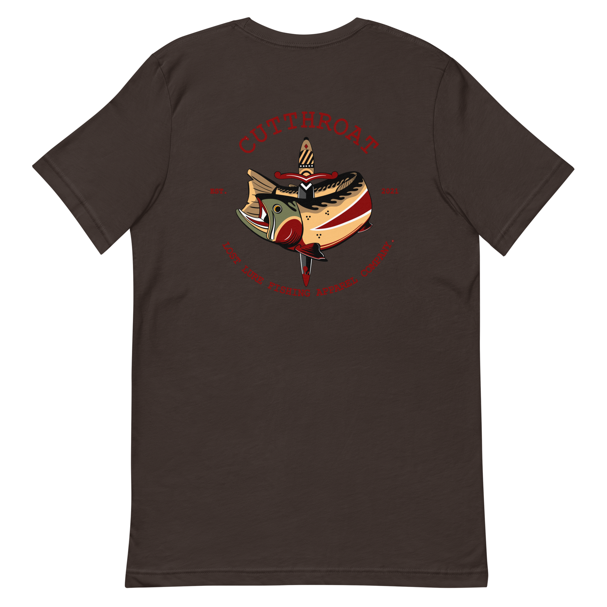 Cutthroat Trout fishing shirt. It’s an American traditional style design with a cutthroat trout and a dagger. The shirt reads Cutthroat trout, est. 2021, lost lure fishing apparel company. The front of the shirt has the lost lure logo. Brown fishing shirt, back side