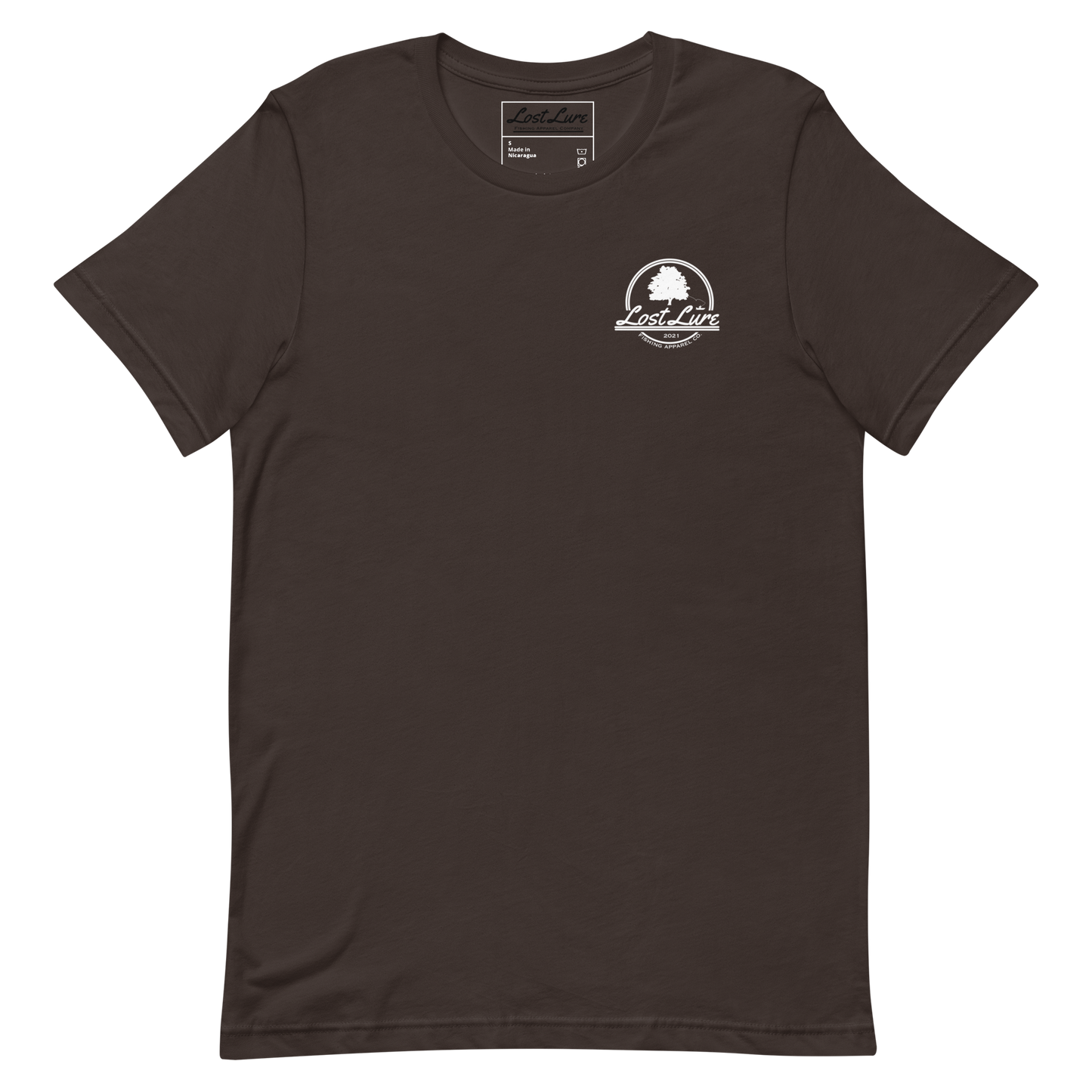 Cutthroat Trout fishing shirt. It’s an American traditional style design with a cutthroat trout and a dagger. The shirt reads Cutthroat trout, est. 2021, lost lure fishing apparel company. The front of the shirt has the lost lure logo. Brown fishing shirt, front side 