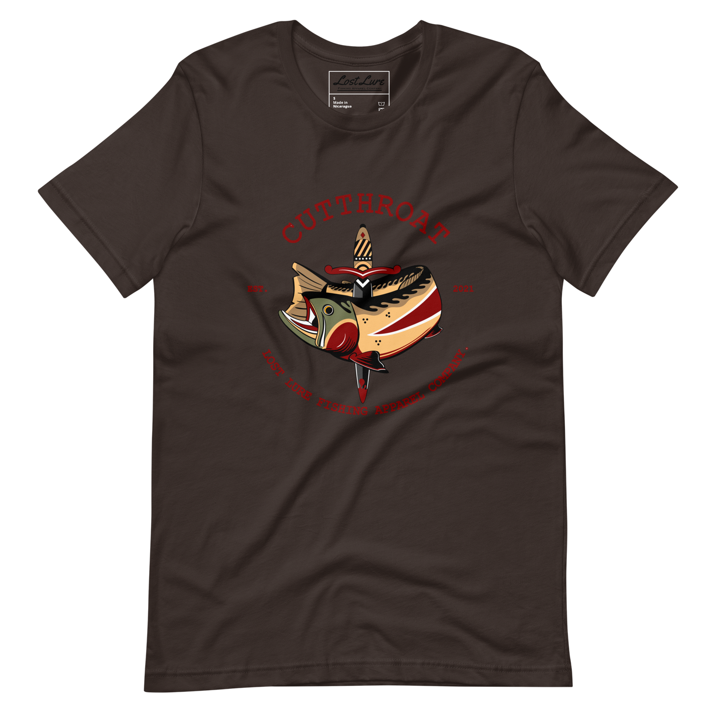 Cutthroat Trout fishing shirt. It’s an American traditional style design with a cutthroat trout and a dagger. The shirt reads Cutthroat trout, est. 2021, lost lure fishing apparel company. The fishing design is on the front of the shirt. Brown fishing shirt, front side