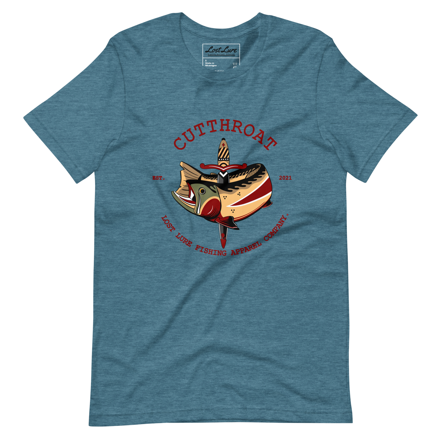 Cutthroat Trout fishing shirt. It’s an American traditional style design with a cutthroat trout and a dagger. The shirt reads Cutthroat trout, est. 2021, lost lure fishing apparel company. The fishing design is on the front of the shirt. Blue fishing shirt, front side