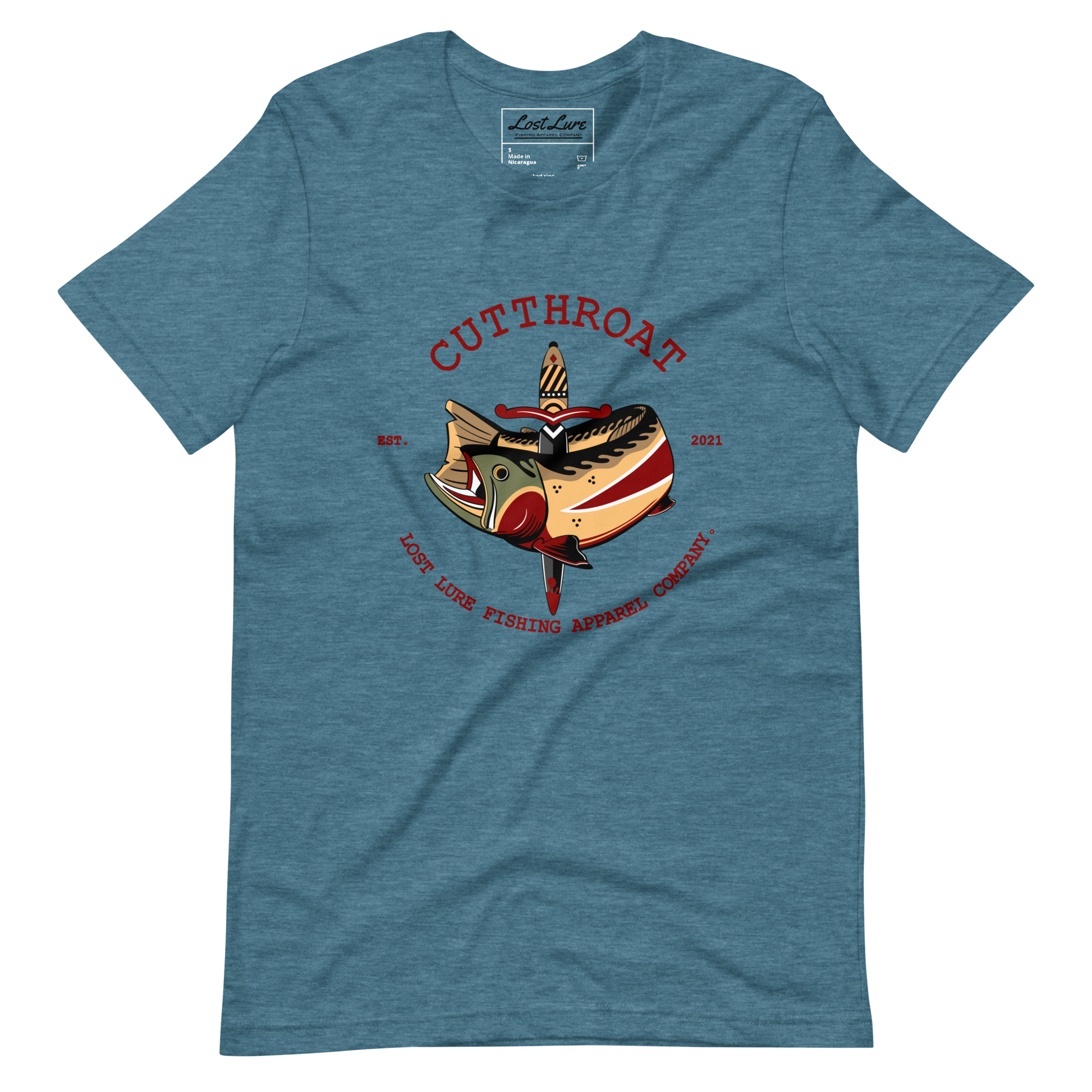Cutthroat Trout fishing shirt. It’s an American traditional style design with a cutthroat trout and a dagger. The shirt reads Cutthroat trout, est. 2021, lost lure fishing apparel company. The fishing design is on the front of the shirt. Blue fishing shirt, front side