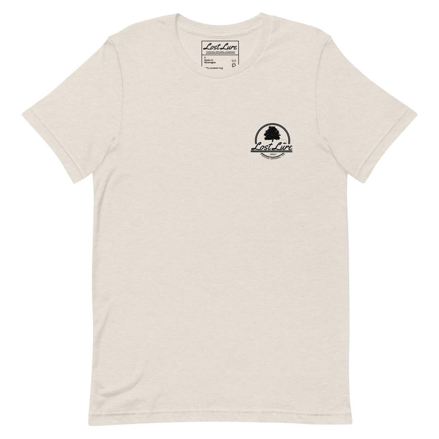 Bass fishing shirt. It has a drawing of a fat bass and it reads “lost lure co, catch fat fish”. The bass design is on the back, the lost lure logo is on the front. Crème colored shirt, front side 