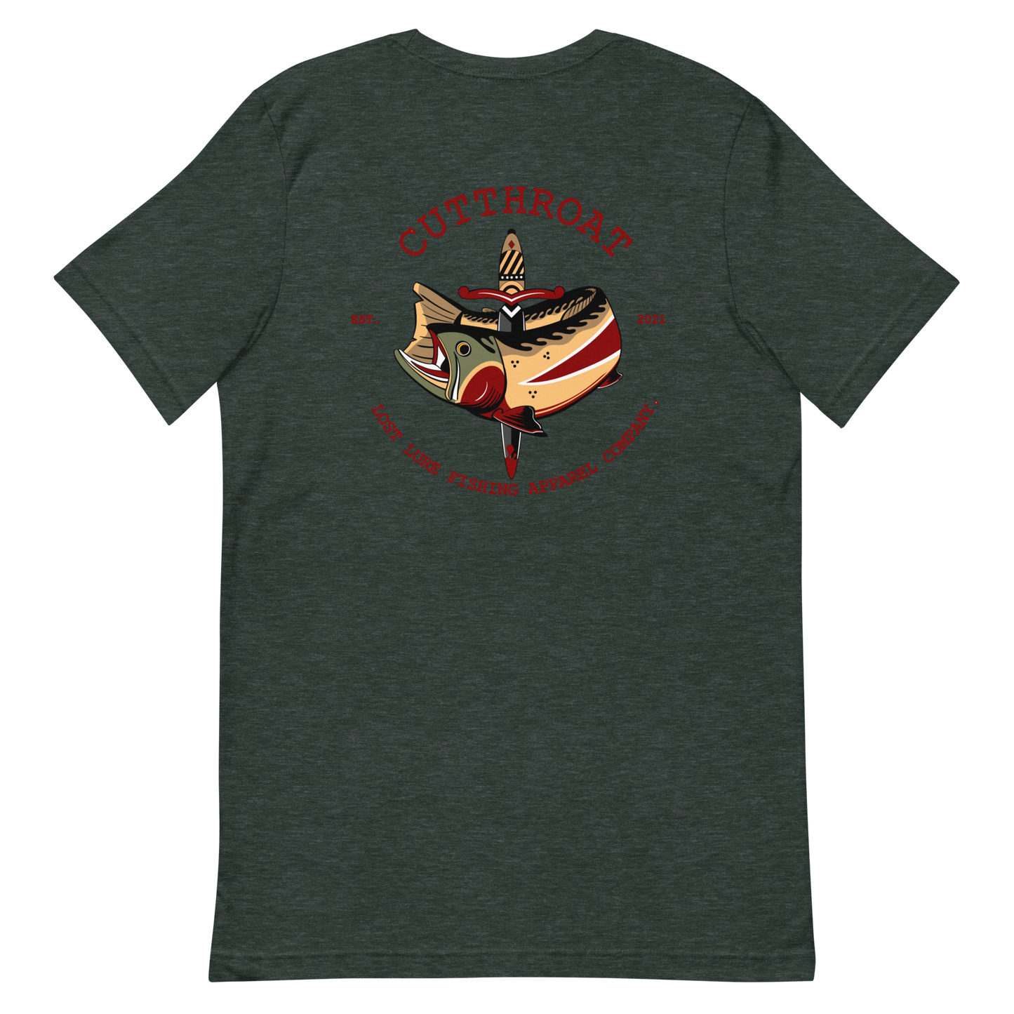 Cutthroat Trout fishing shirt. It’s an American traditional style design with a cutthroat trout and a dagger. The shirt reads Cutthroat trout, est. 2021, lost lure fishing apparel company. The front of the shirt has the lost lure logo. Forrest green fishing shirt, back side