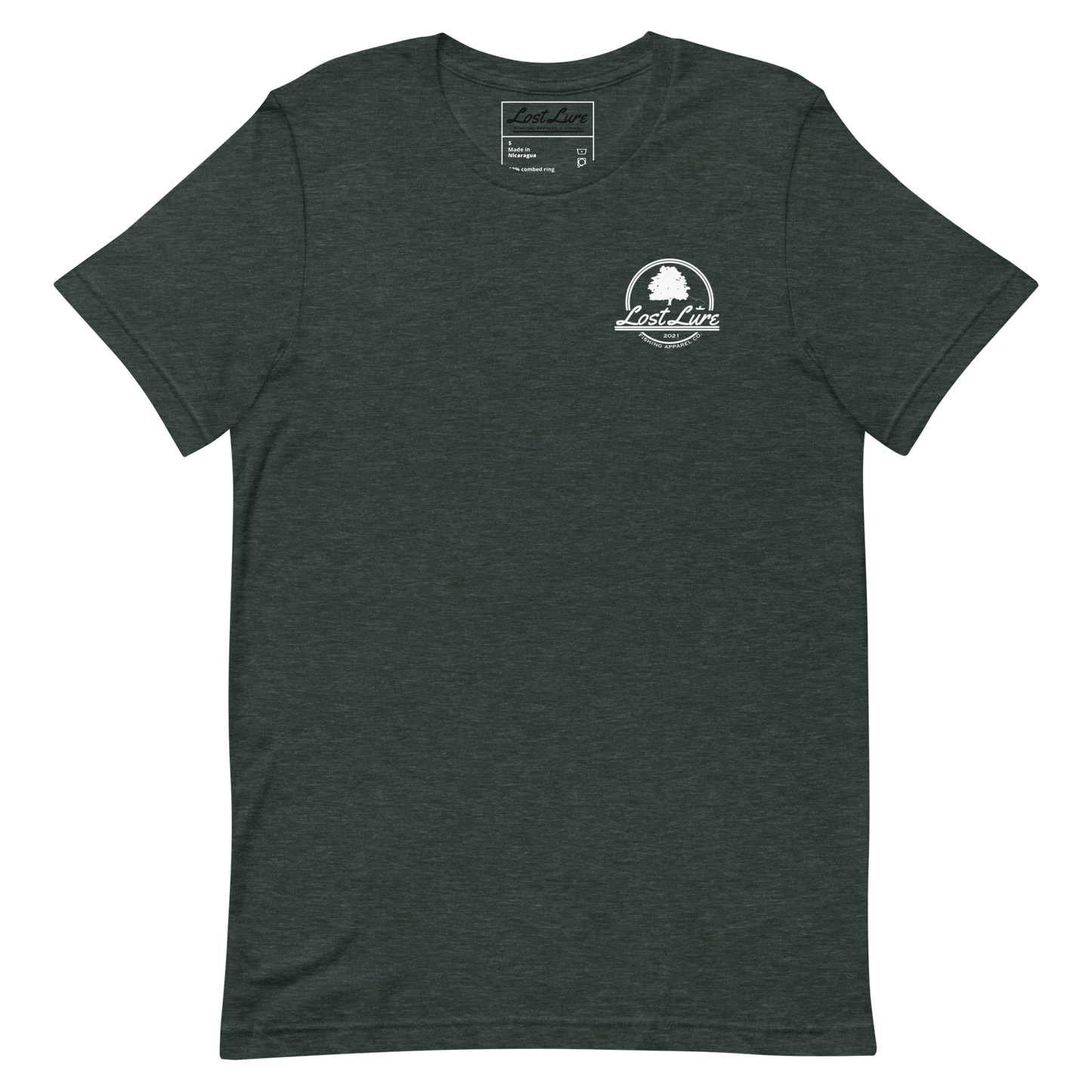 Cutthroat Trout fishing shirt. It’s an American traditional style design with a cutthroat trout and a dagger. The shirt reads Cutthroat trout, est. 2021, lost lure fishing apparel company. The front of the shirt has the lost lure logo. Forrest green fishing shirt, front side