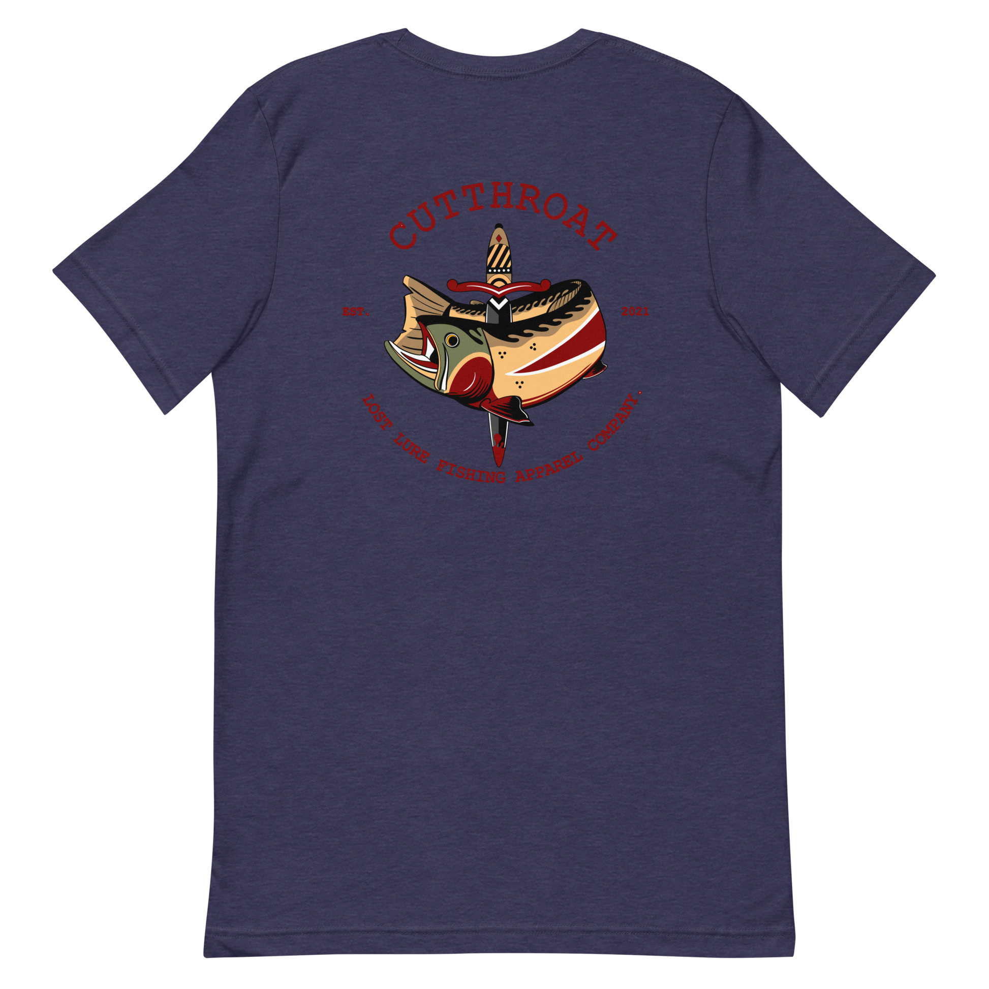 Cutthroat Trout fishing shirt. It’s an American traditional style design with a cutthroat trout and a dagger. The shirt reads Cutthroat trout, est. 2021, lost lure fishing apparel company. The front of the shirt has the lost lure logo. Navy fishing shirt, back side