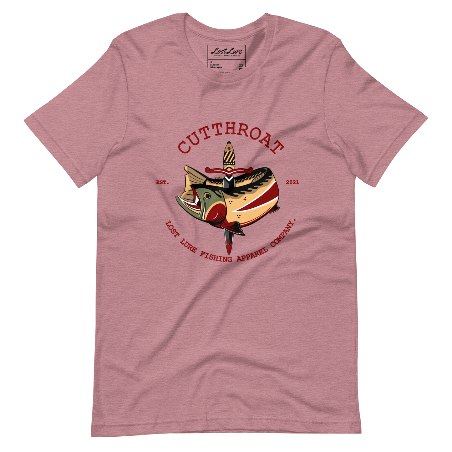 Cutthroat Trout fishing shirt. It’s an American traditional style design with a cutthroat trout and a dagger. The shirt reads Cutthroat trout, est. 2021, lost lure fishing apparel company. The fishing design is on the front of the shirt. Salmon colored fishing shirt
